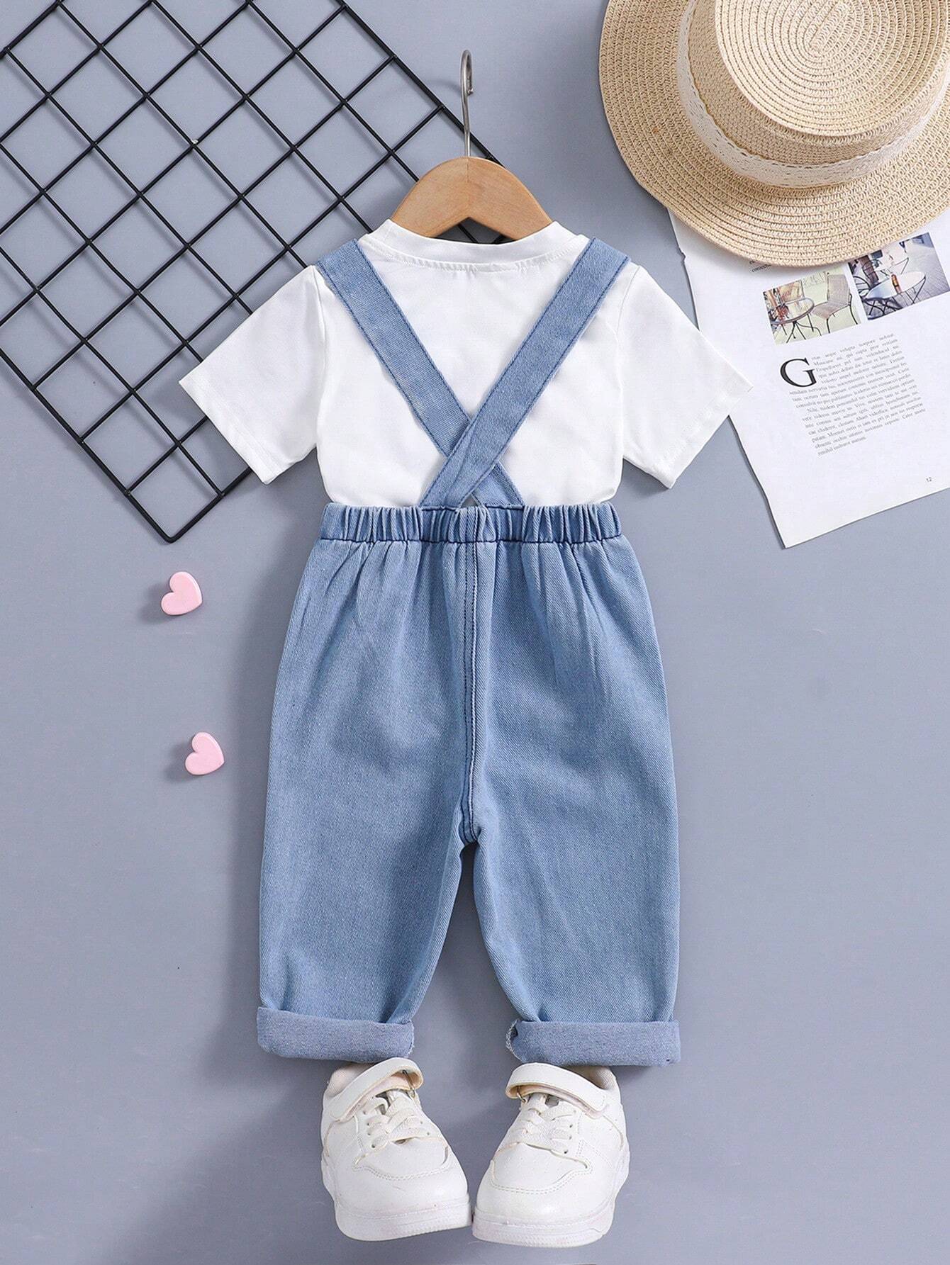 Buy SHEIN 1pc New Design Baby Girls Heart Print Casual Denim Overalls in Pakistan