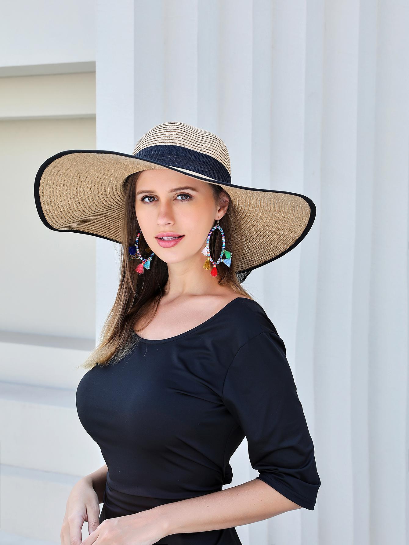 Buy SHEIN 1pc Women's Wide Brim Straw Hat With Ribbon Bow in Pakistan