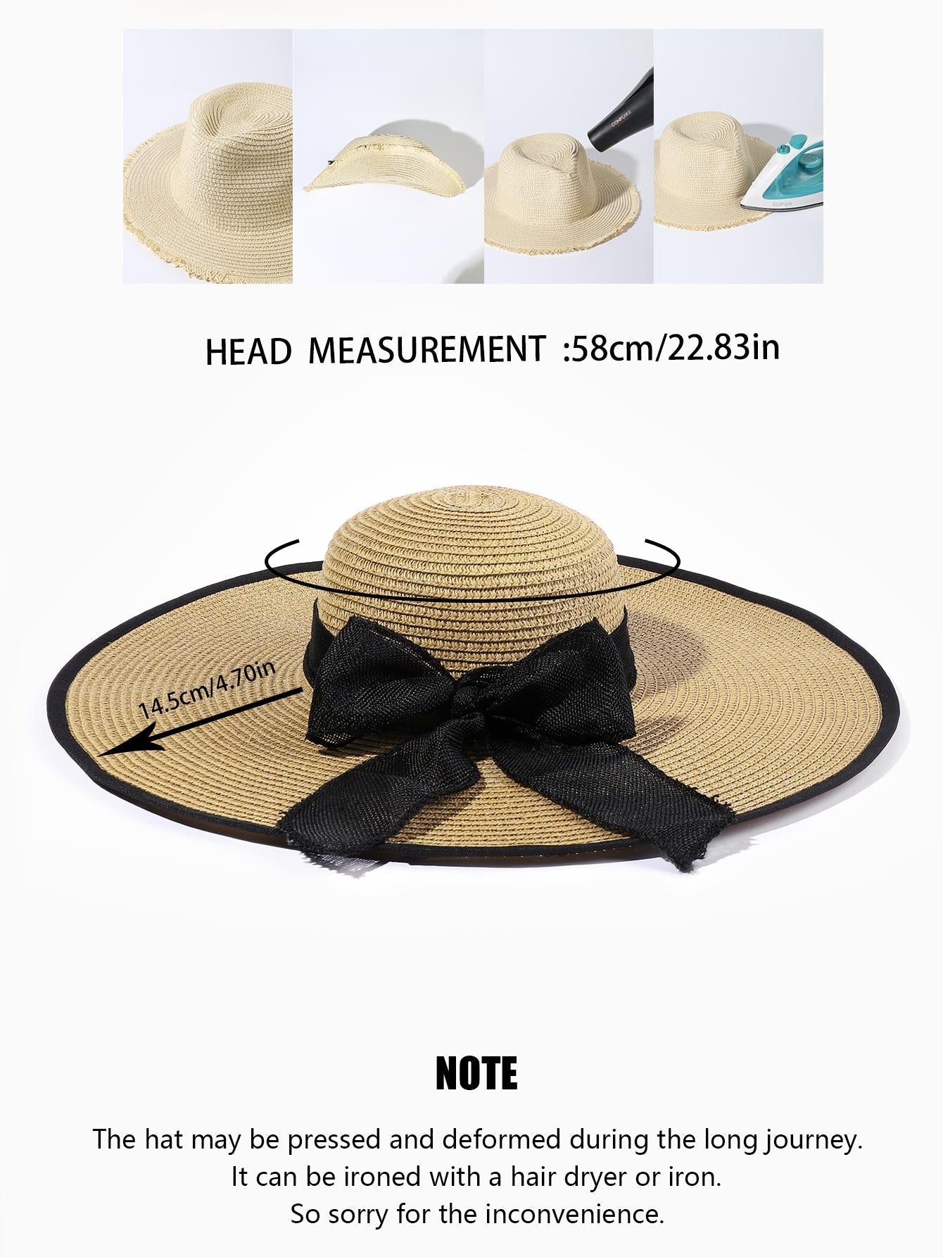 Buy SHEIN 1pc Women's Wide Brim Straw Hat With Ribbon Bow in Pakistan