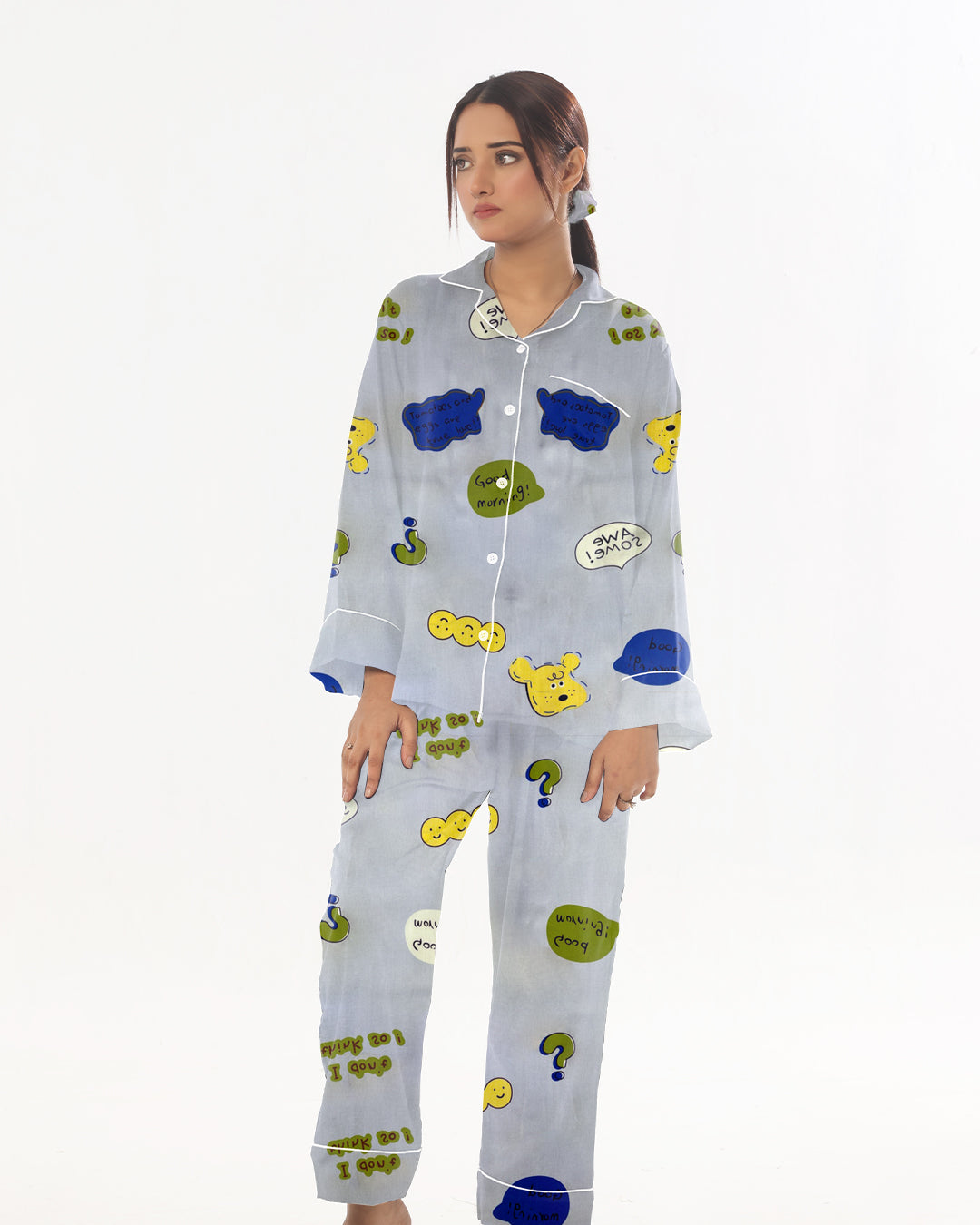 Buy Linen Pajama Suit with Scrunchie - Happy Snooze in Pakistan