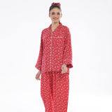 Buy French Red Flowers Linen Pajama Suit with Scrunchie in Pakistan