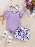 Buy SHEIN 2pcs/Set Baby Girl Spring Purple Ruffled Trim Romper, Bowknot Headband And Purple Floral Printed Shorts in Pakistan