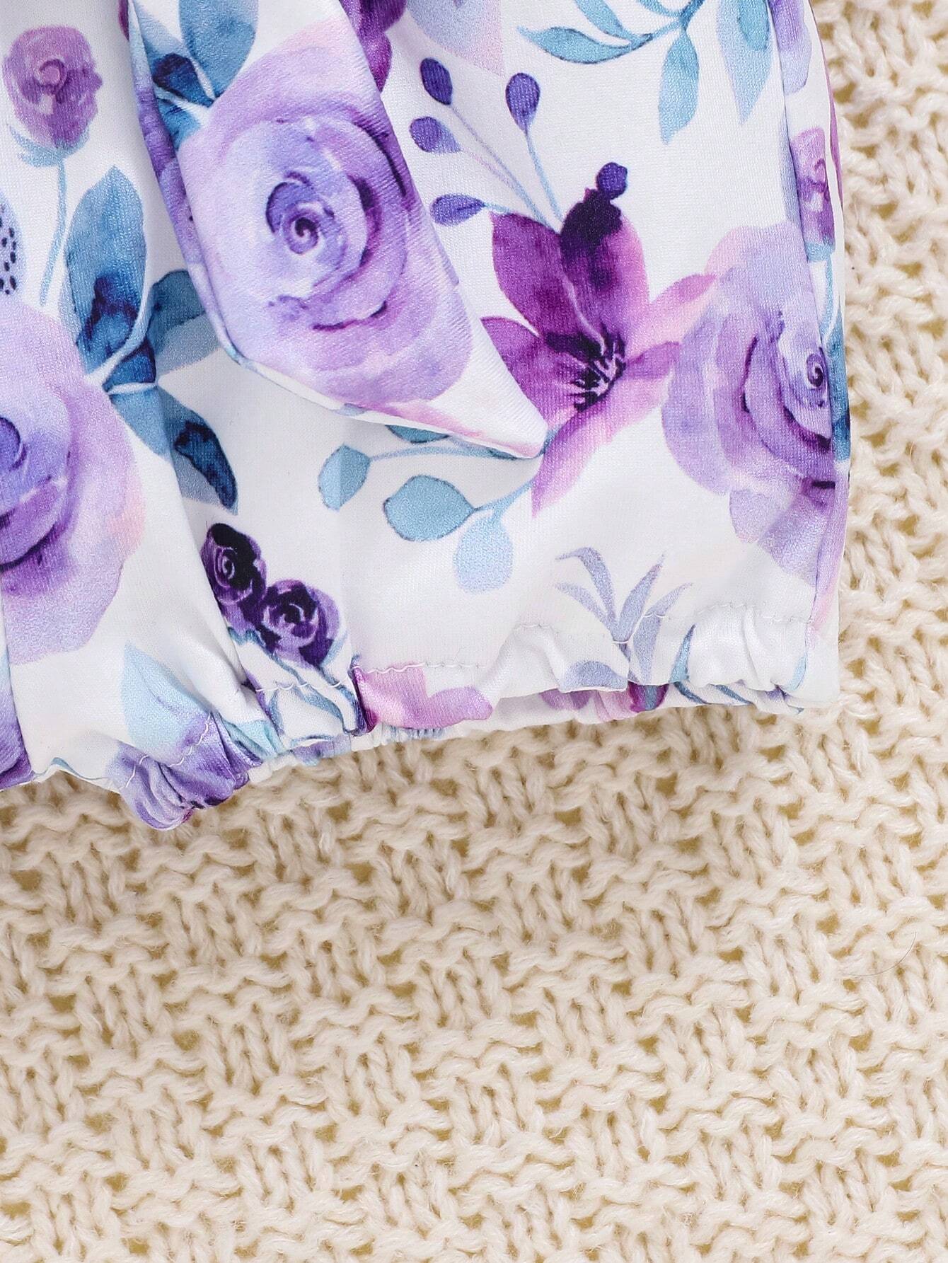 Buy SHEIN 2pcs/Set Baby Girl Spring Purple Ruffled Trim Romper, Bowknot Headband And Purple Floral Printed Shorts in Pakistan