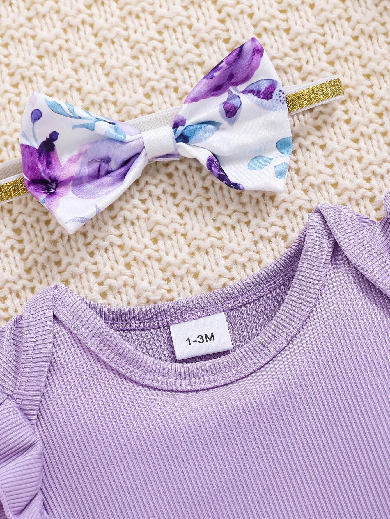 Buy SHEIN 2pcs/Set Baby Girl Spring Purple Ruffled Trim Romper, Bowknot Headband And Purple Floral Printed Shorts in Pakistan