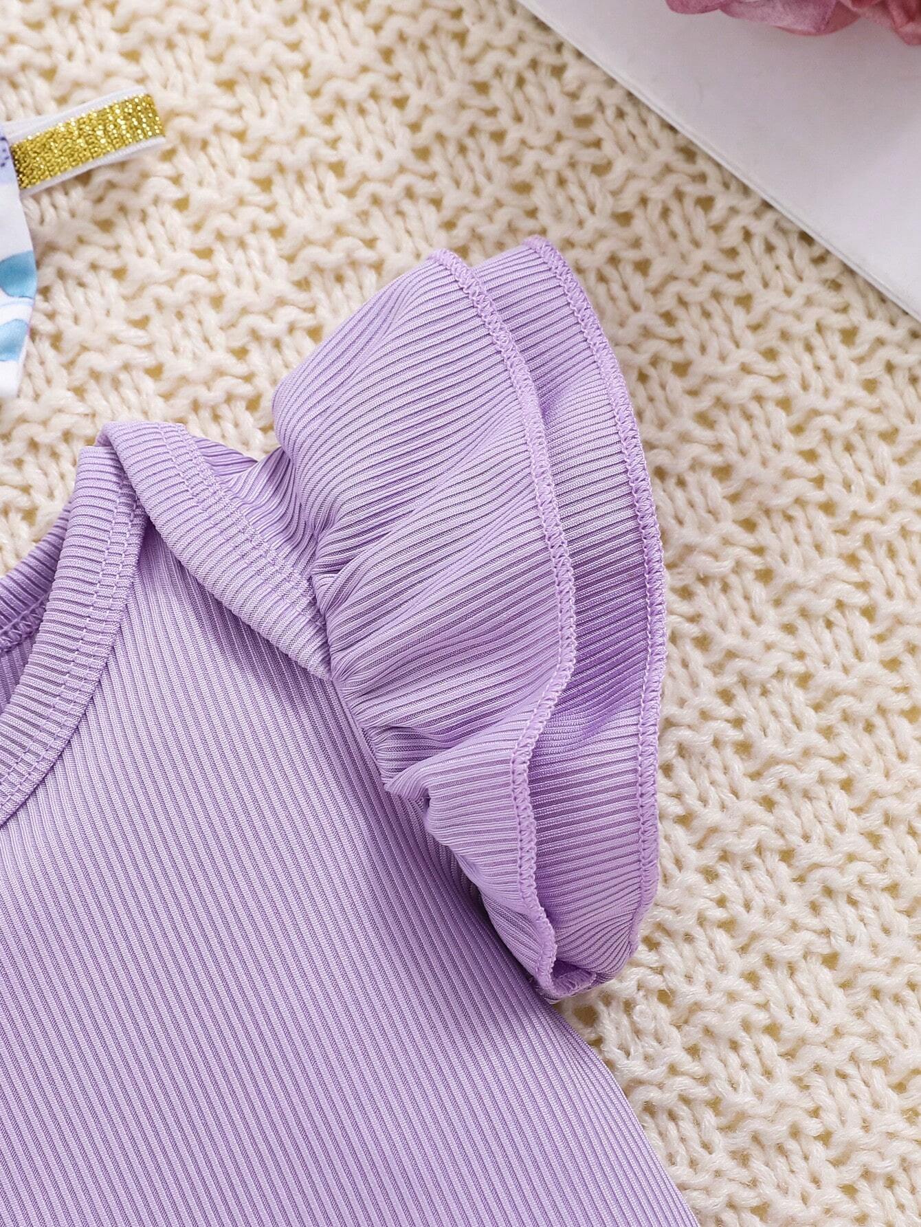 Buy SHEIN 2pcs/Set Baby Girl Spring Purple Ruffled Trim Romper, Bowknot Headband And Purple Floral Printed Shorts in Pakistan