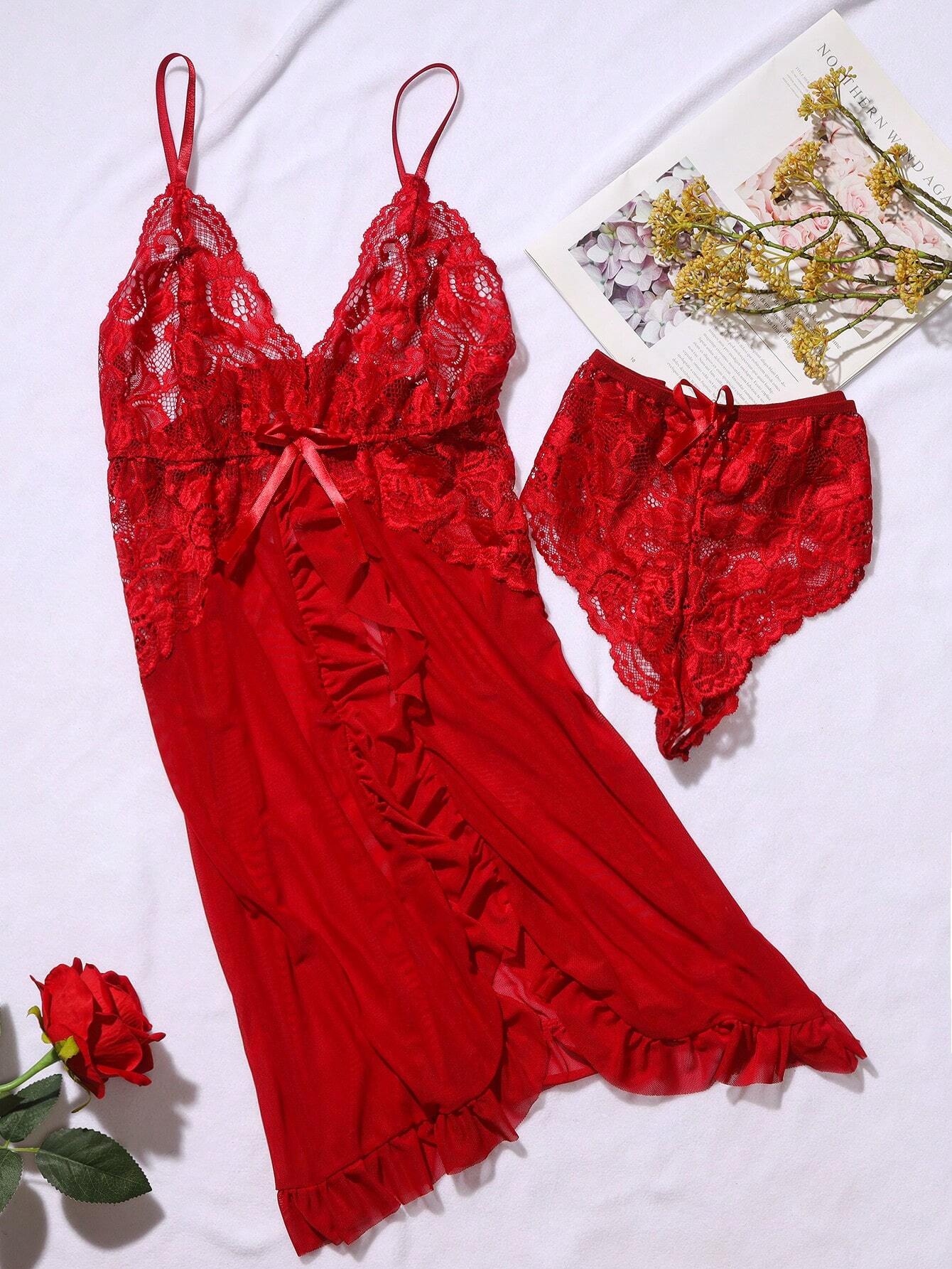 Buy SHEIN 2pcs/Set European And American Style Sexy Mesh See-Through Temptation Lingerie Set For Women, Includes Lace Camisole And V-Neck Strap Set For Sexy Lingerie in Pakistan