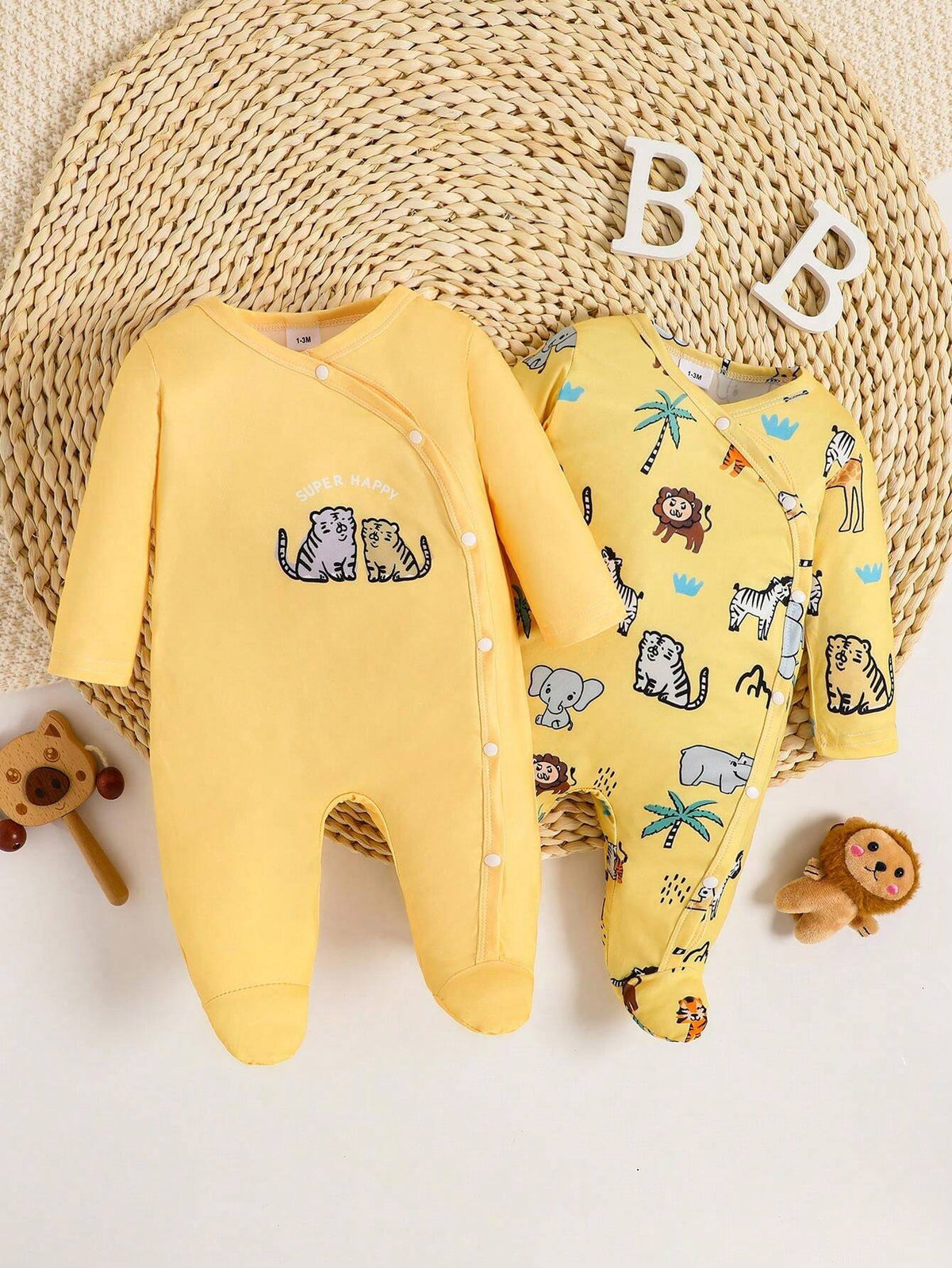 Buy SHEIN 2pcs/Set Infant/Toddler Boys Simple Cute Printed Snap Front Romper in Pakistan