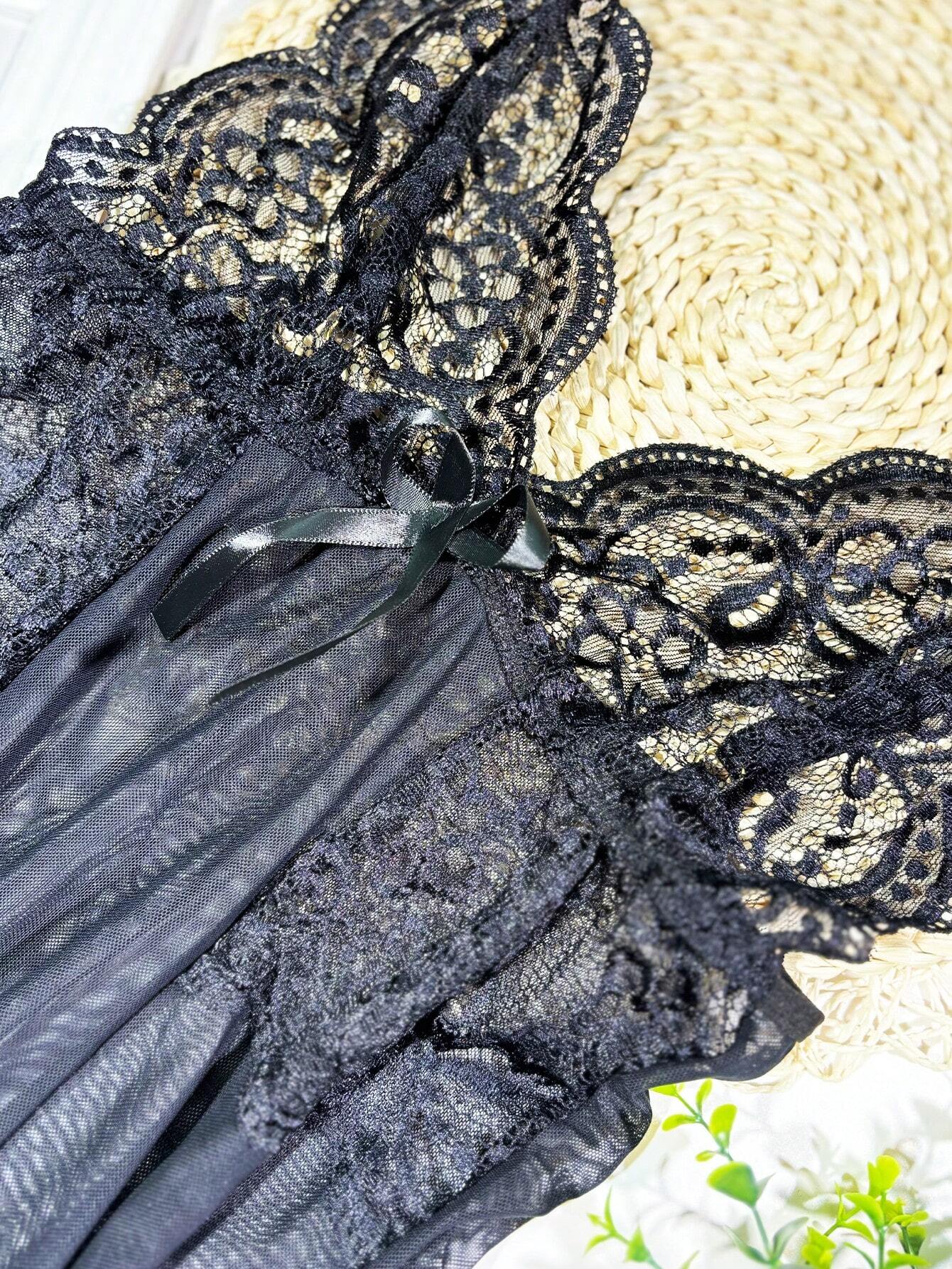 Buy SHEIN 2pcs/Set Lace Mesh Panel Bow Tie Thong & Slip Dress Set, Sexy Lingerie Gift For Halloween in Pakistan