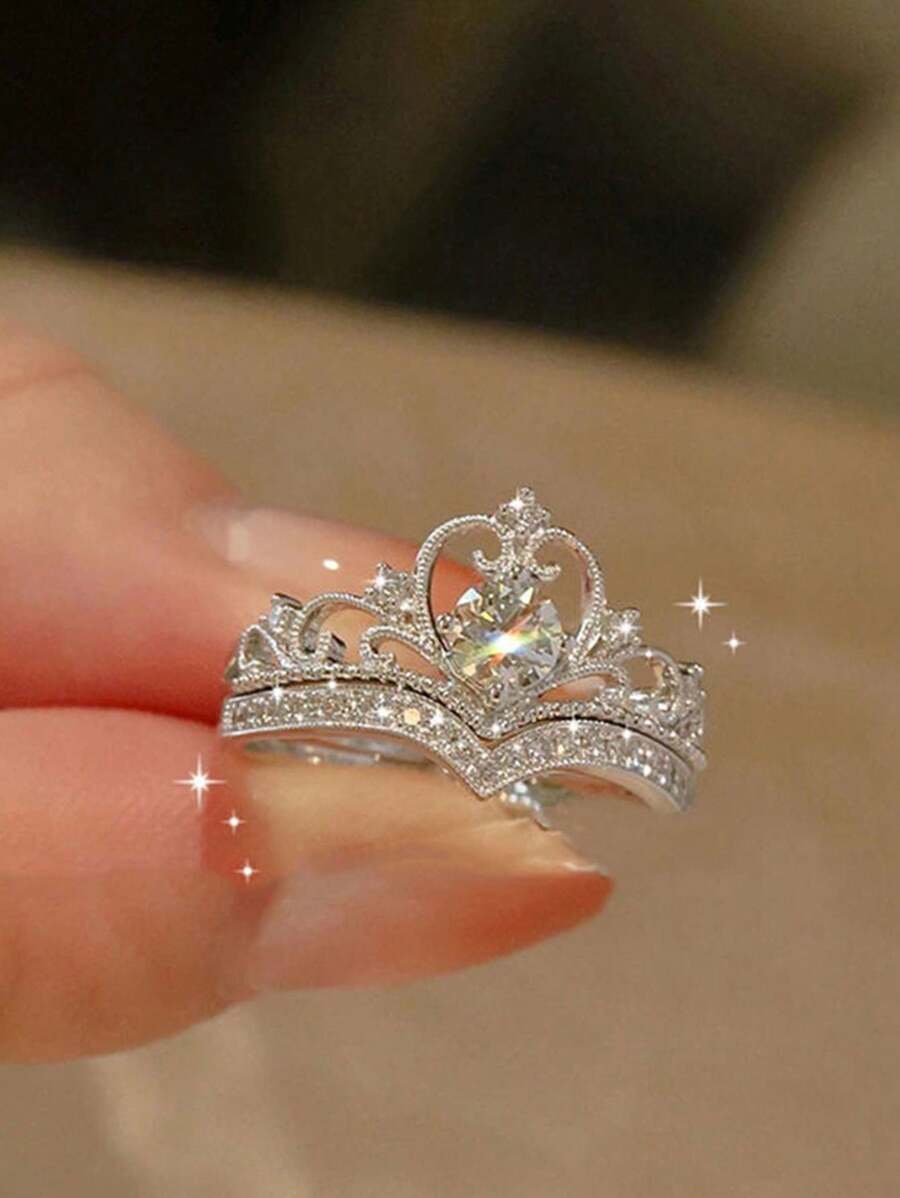 Buy SHEIN 2pcs Luxury Crown Princess Simulated Moissanite Ring Set in Pakistan