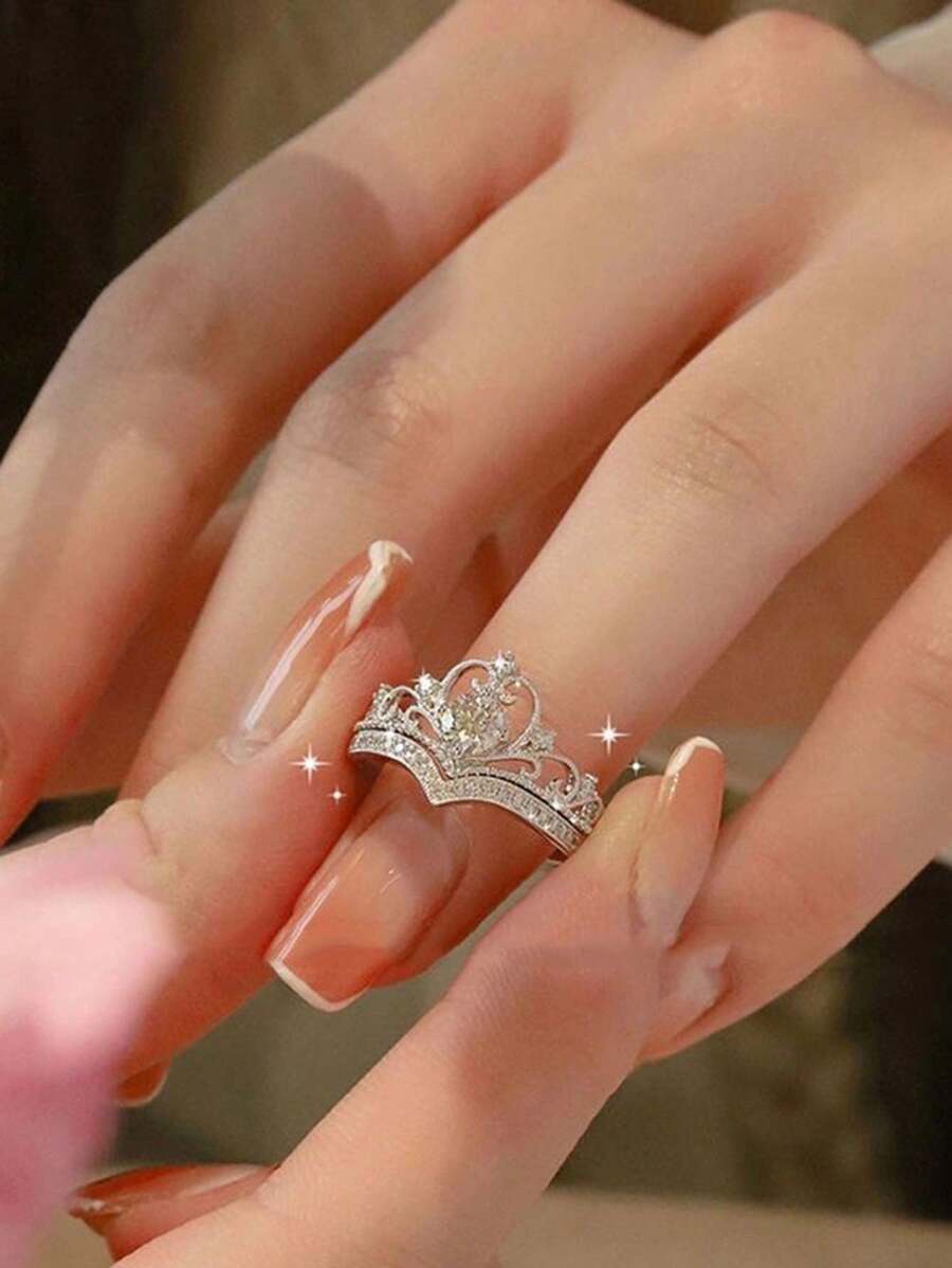 Buy SHEIN 2pcs Luxury Crown Princess Simulated Moissanite Ring Set in Pakistan