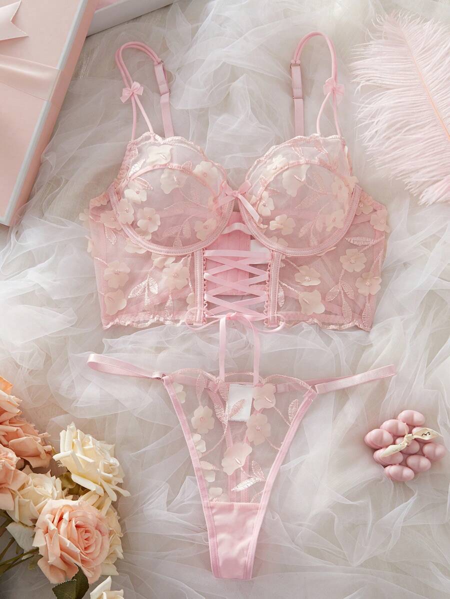 Buy SHEIN 2pcs Romantic Embroidered Hollow-Out Underwire Bra Set in Pakistan