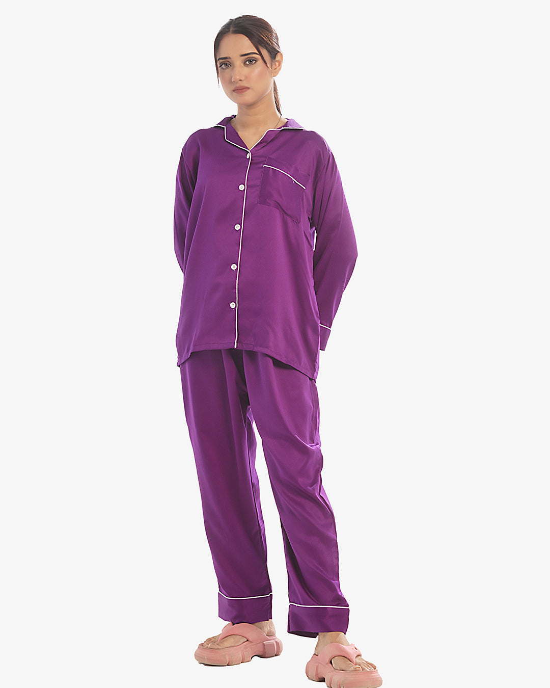 Buy Silk Pajama Suit with Scrunchie - Pearl in Pakistan