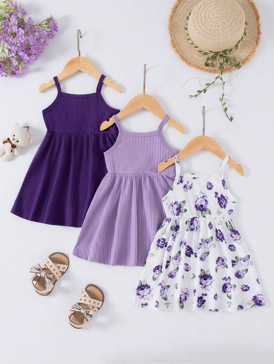 Buy SHEIN 3pcs Baby Girls Floral Print Solid Ribbed Button Camisole Dress Set in Pakistan