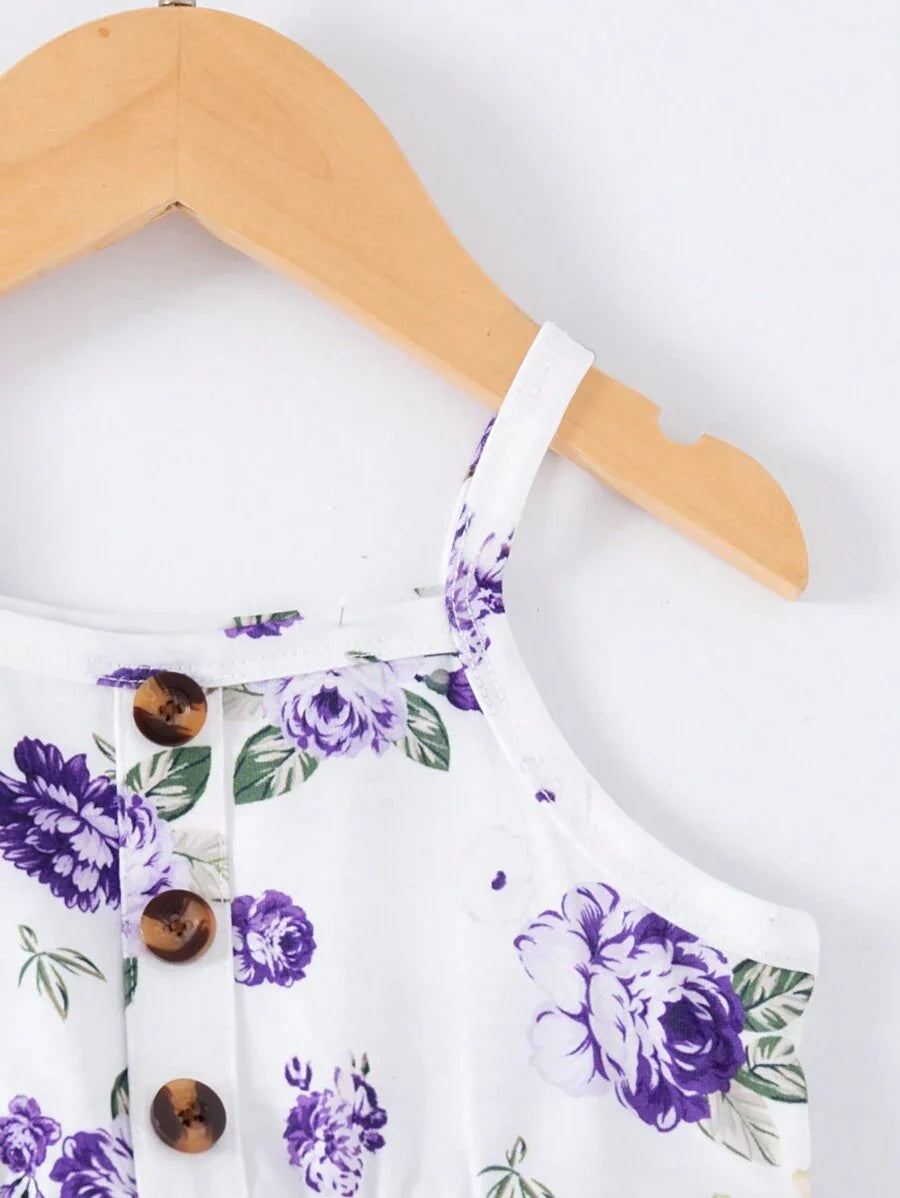 Buy SHEIN 3pcs Baby Girls Floral Print Solid Ribbed Button Camisole Dress Set in Pakistan