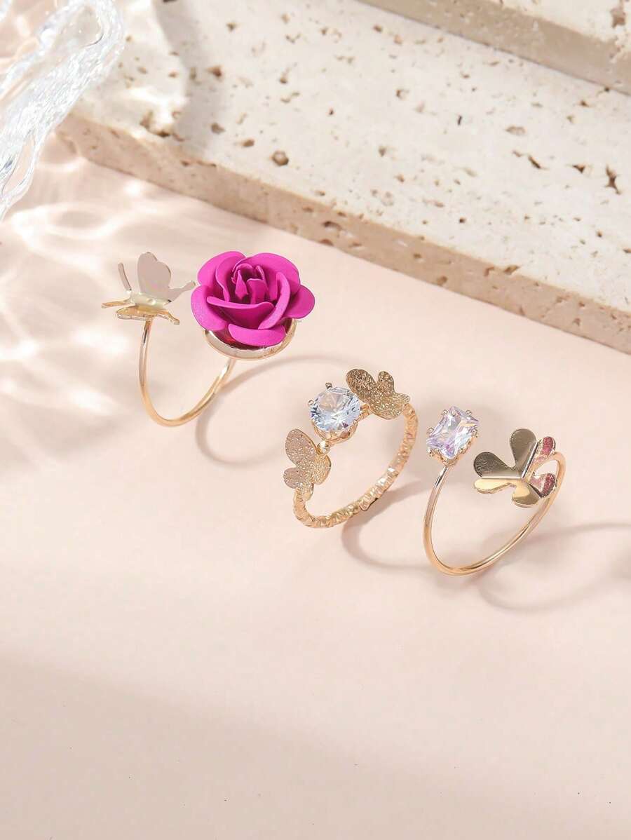Buy SHEIN 3pcs Flower & Butterfly Decor Ring in Pakistan