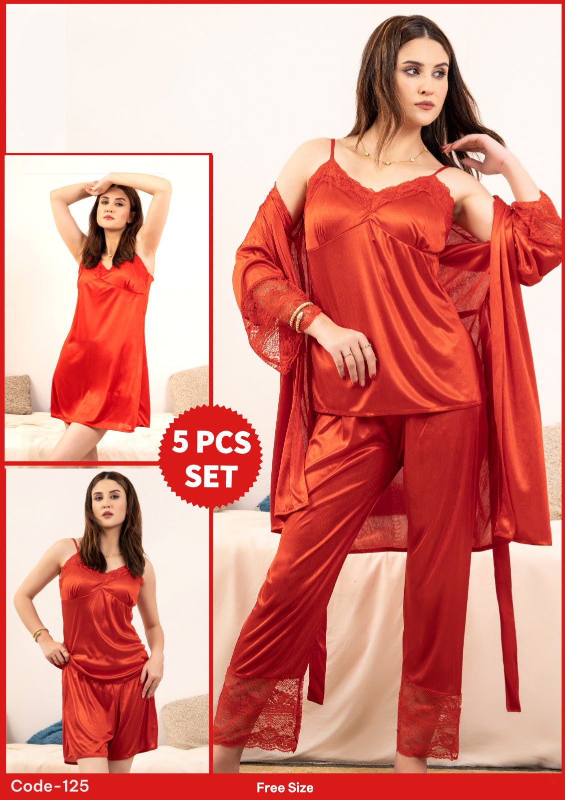 Buy Florea - 5 Pcs Silk Nighty Set With Gown - 125 in Pakistan