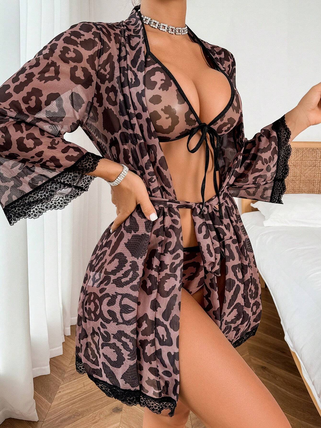 Buy SHEIN 4pcs Leopard Mesh Sexy Lingerie Set For Women in Pakistan