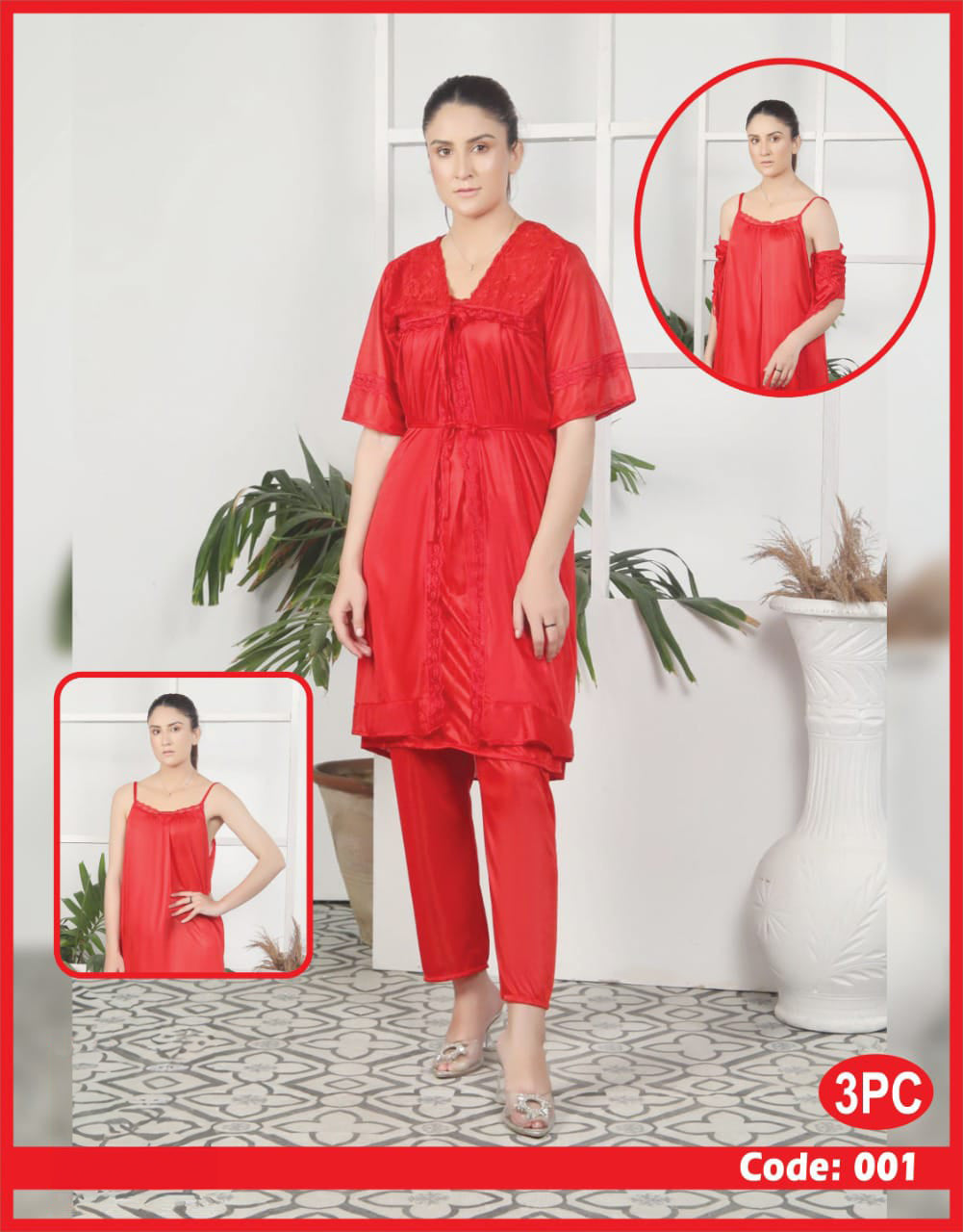 Buy Florea - 3 Pcs Nighty Set With Gown - 001 in Pakistan