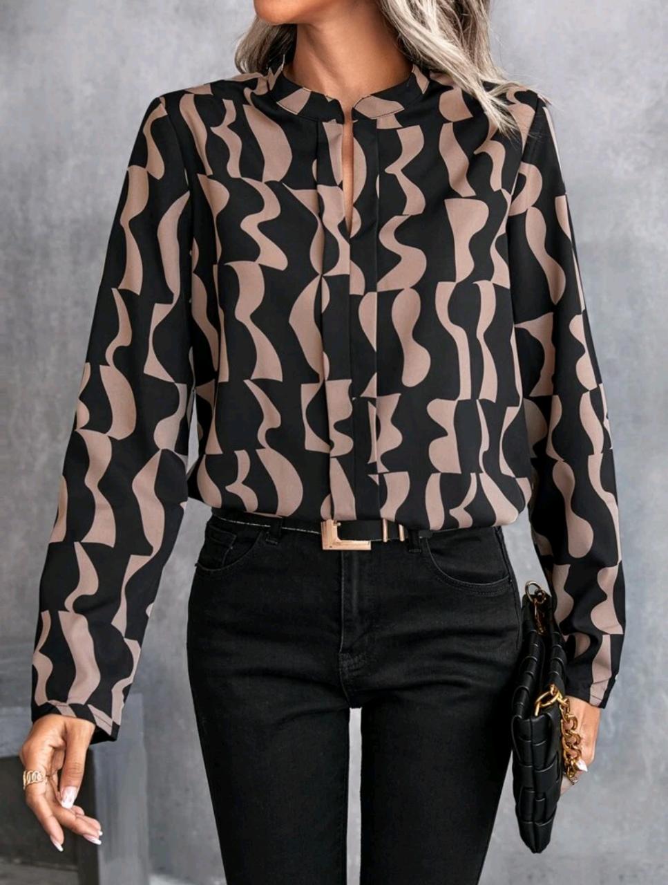 Buy Shein Allover Print Notched Neck Blouse in Pakistan