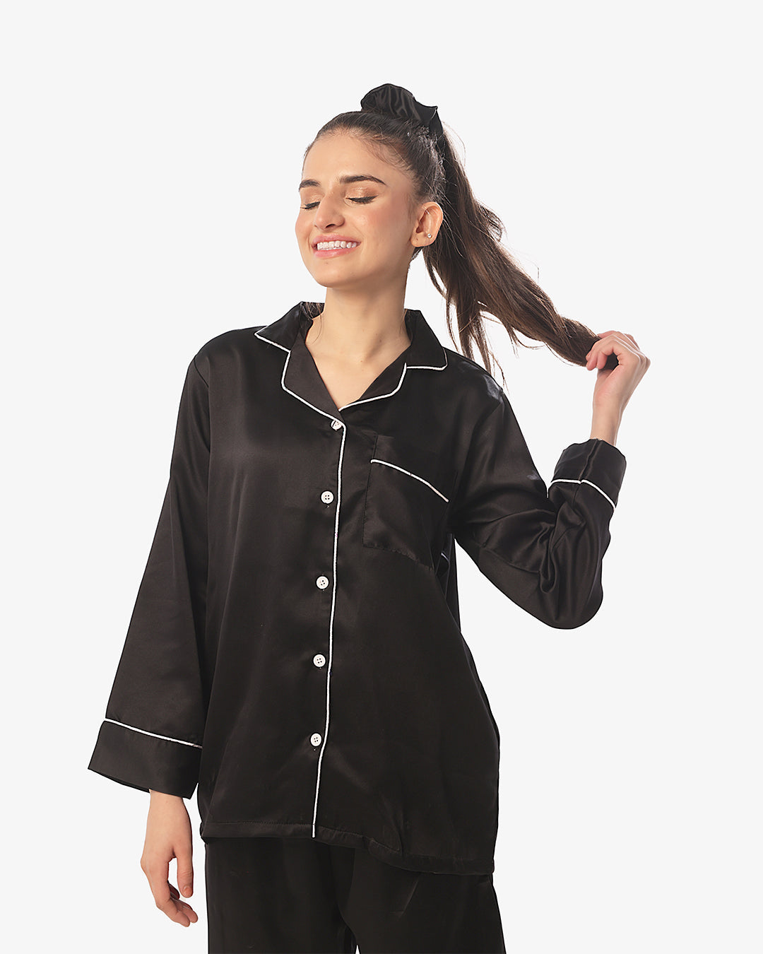 Buy Silk Pajama Suit with Scrunchie - Pearl in Pakistan