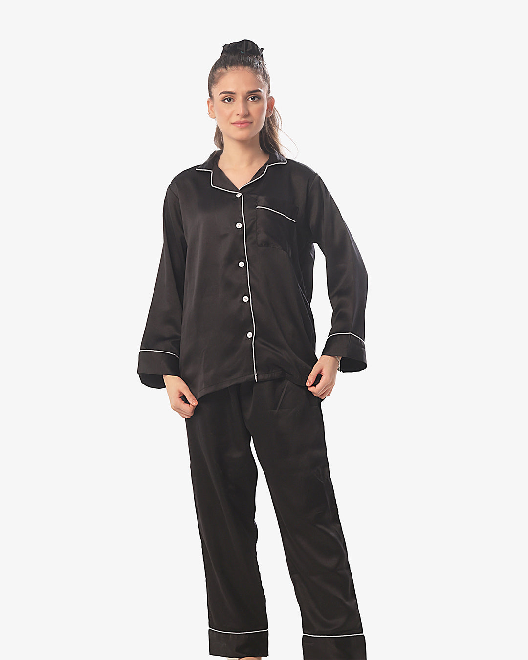 Buy Silk Pajama Suit with Scrunchie - Pearl in Pakistan