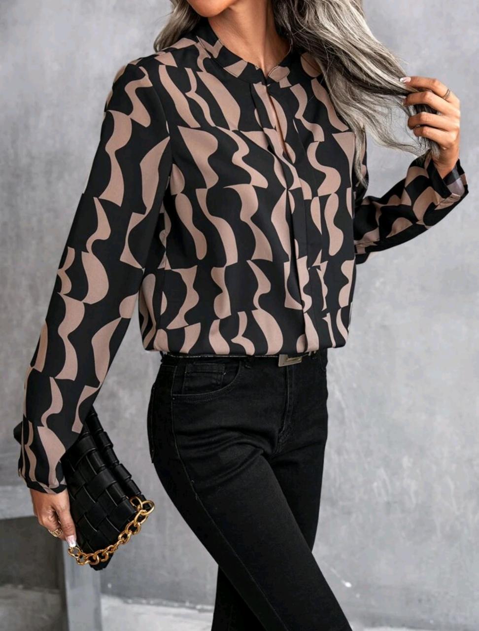 Buy Shein Allover Print Notched Neck Blouse in Pakistan