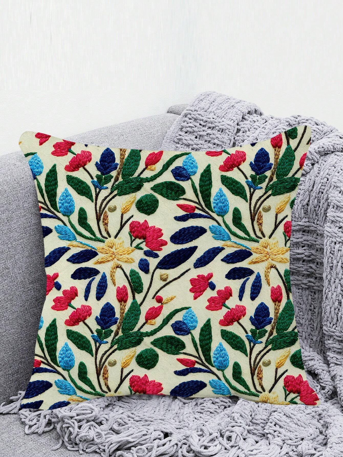 Buy SHEIN Abstract Floral & Leaves & Embroidered Pattern Print Double-sided Pillowcase With Digital Photography Image, Home Decor in Pakistan