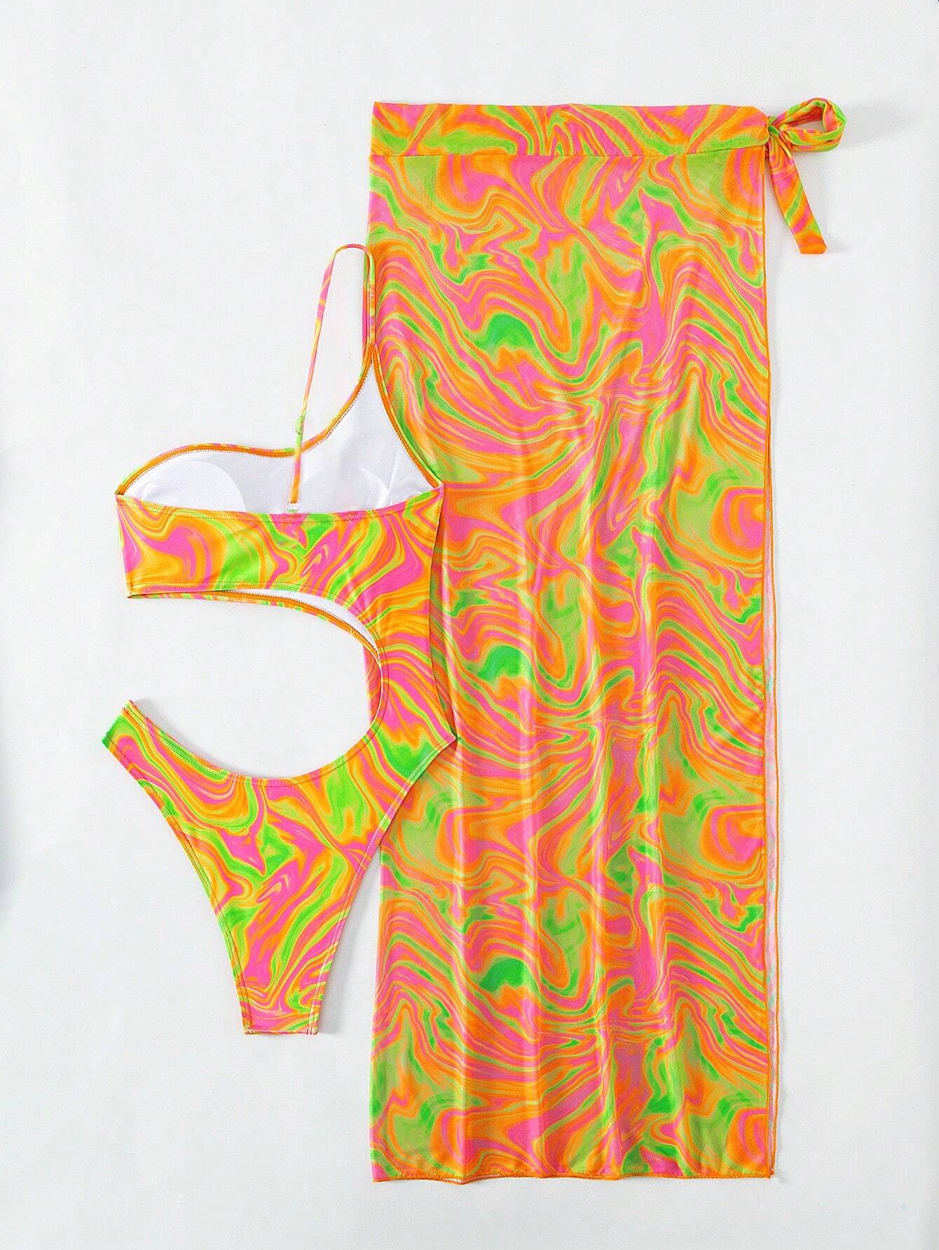 Buy SHEIN Allover Print One Shoulder One Piece Swimsuit With Beach Skirt in Pakistan