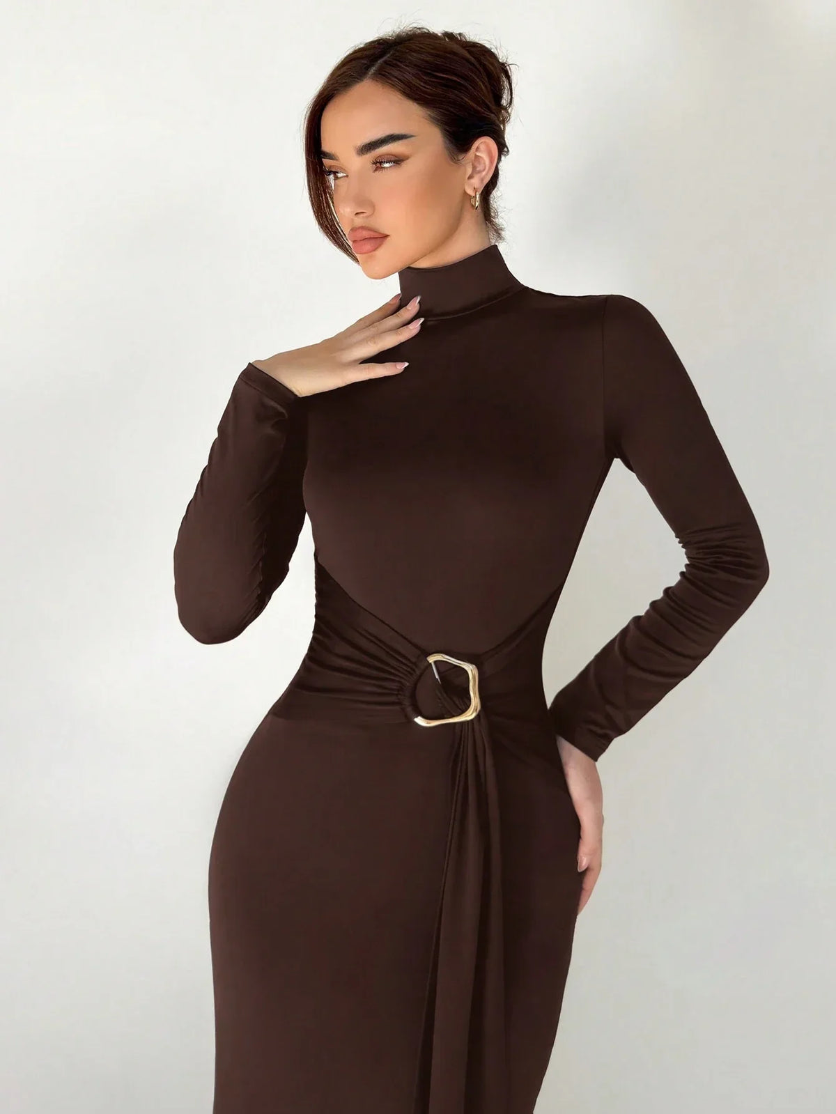 Buy SHEIN Aloruh Autumn/Winter New Slim Fit Warm Stand Collar Long Sleeve Cinched Waist Extra-Long Versatile Knit Dress in Pakistan