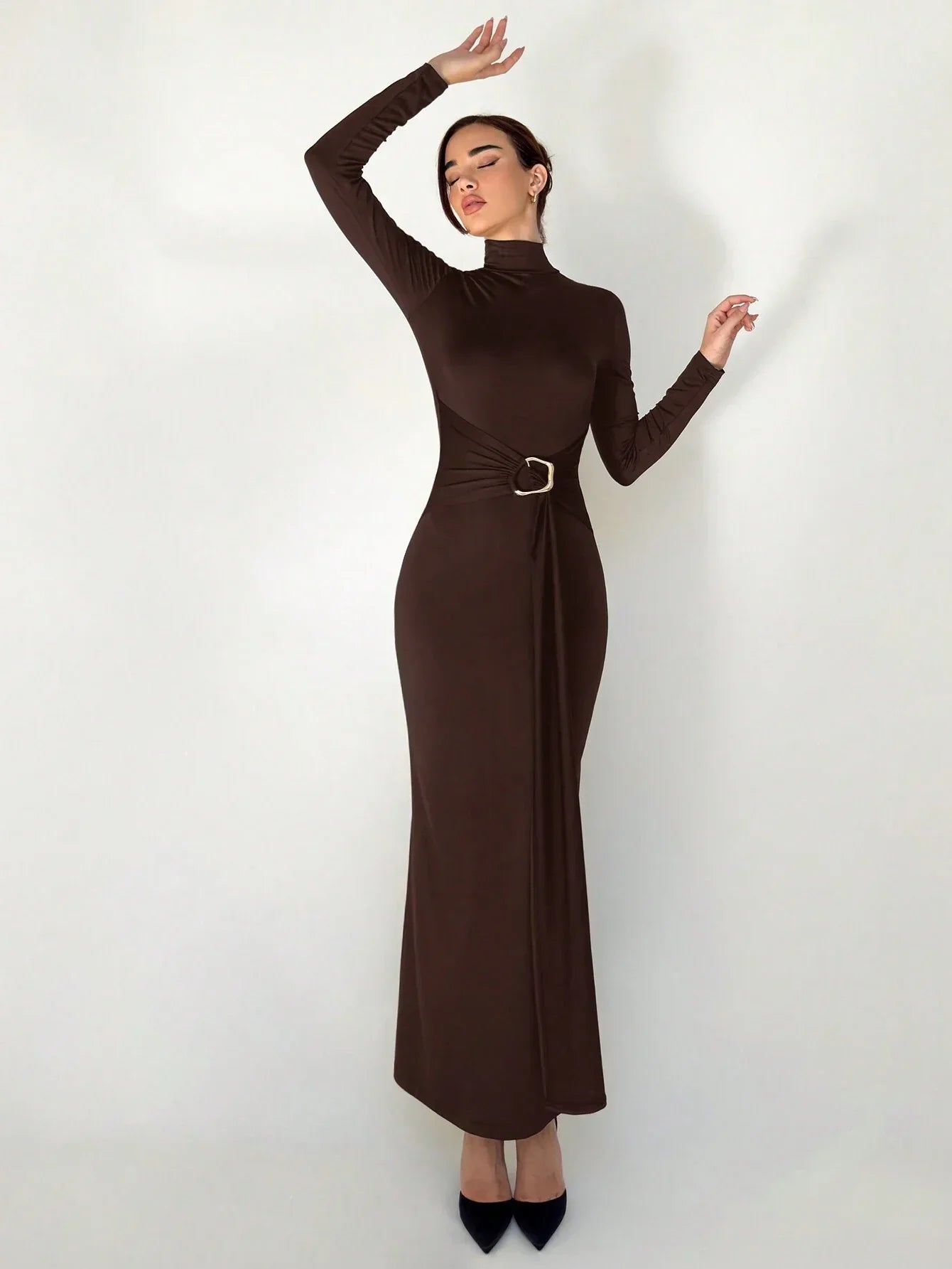 Buy SHEIN Aloruh Autumn/Winter New Slim Fit Warm Stand Collar Long Sleeve Cinched Waist Extra-Long Versatile Knit Dress in Pakistan