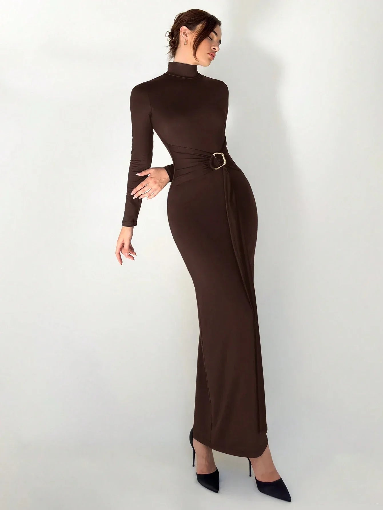 Buy SHEIN Aloruh Autumn/Winter New Slim Fit Warm Stand Collar Long Sleeve Cinched Waist Extra-Long Versatile Knit Dress in Pakistan