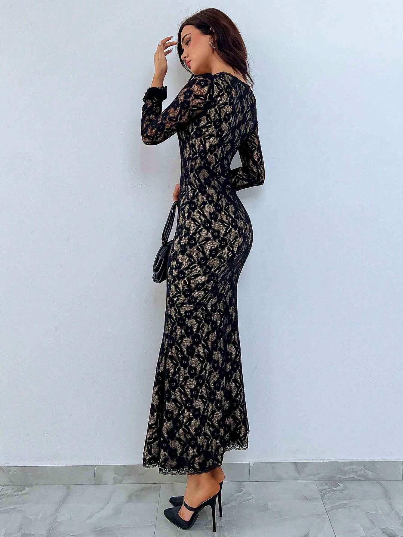 Buy SHEIN Aloruh Lace Square Neck Mermaid Hem Date Night Dress in Pakistan