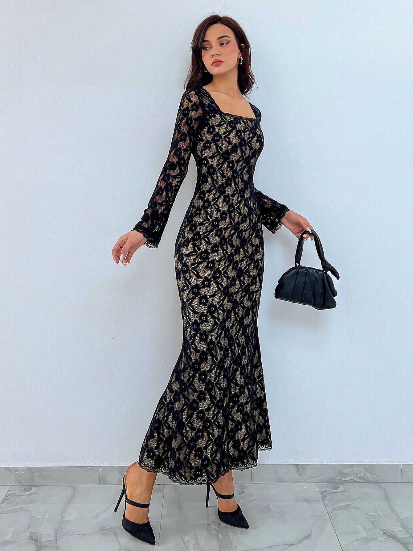Buy SHEIN Aloruh Lace Square Neck Mermaid Hem Date Night Dress in Pakistan