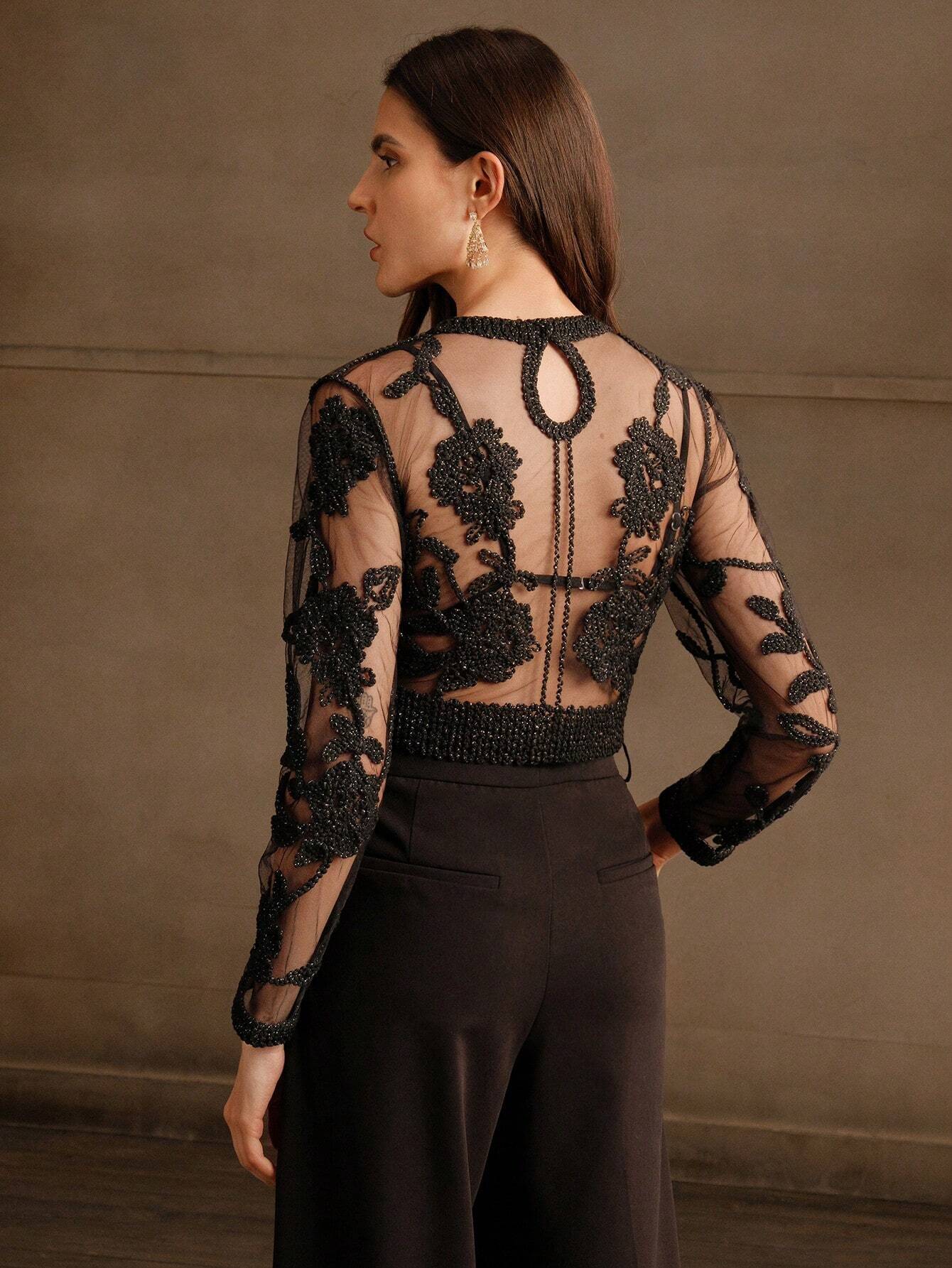 Buy SHEIN Anewsta Crochet Mesh Embroidery Sexy See-Through Blouse in Pakistan