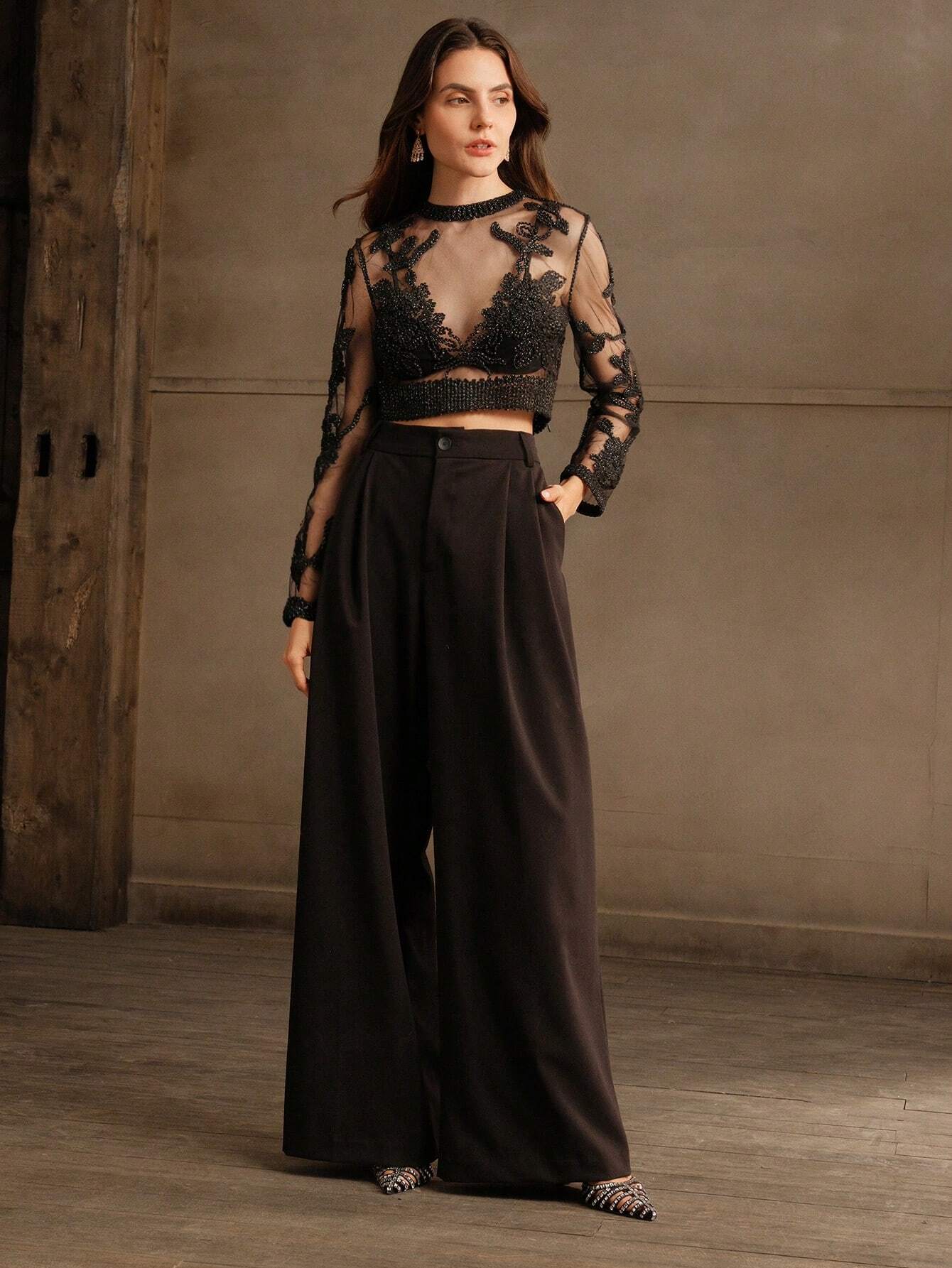 Buy SHEIN Anewsta Crochet Mesh Embroidery Sexy See-Through Blouse in Pakistan