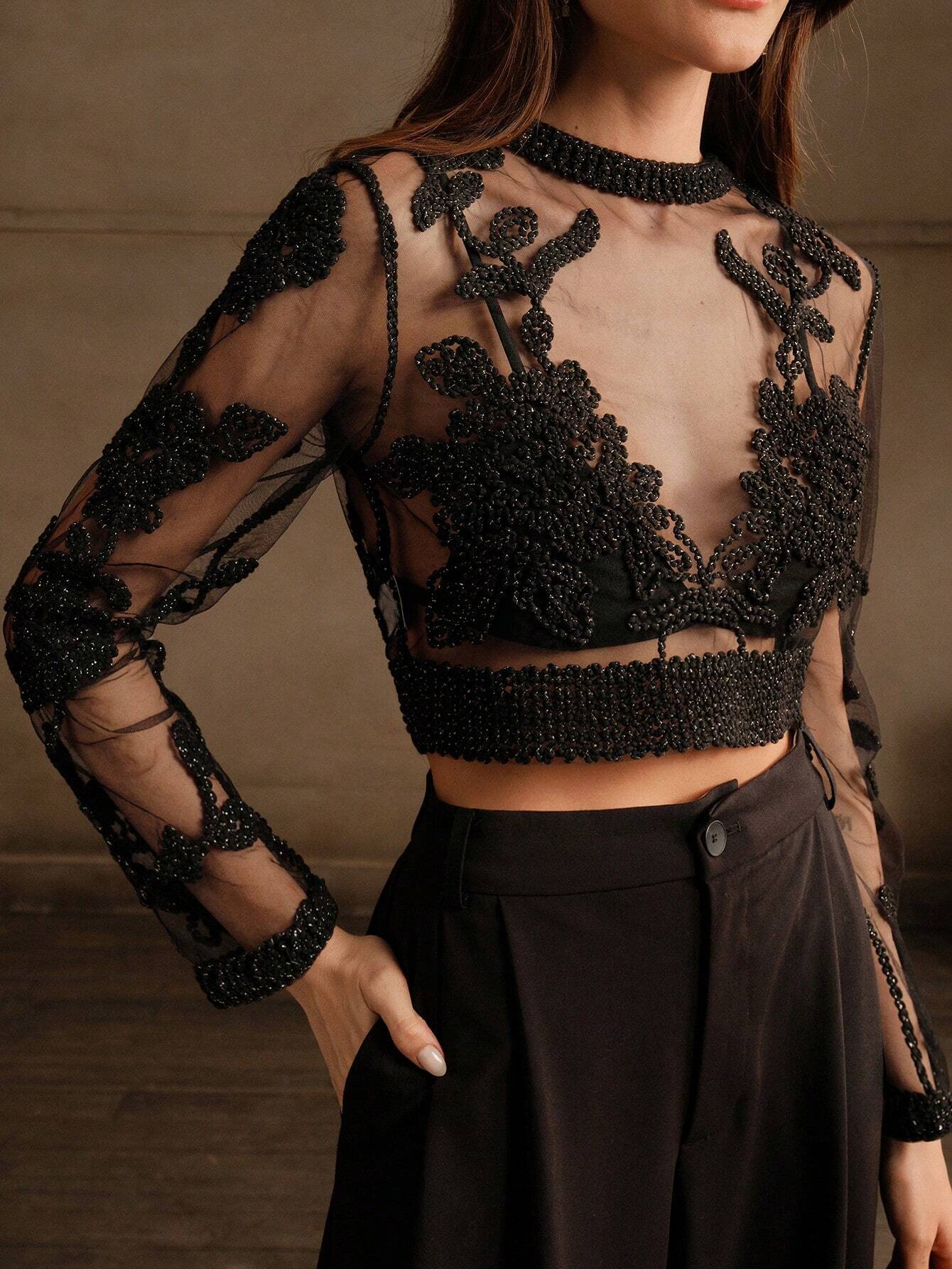 Buy SHEIN Anewsta Crochet Mesh Embroidery Sexy See-Through Blouse in Pakistan