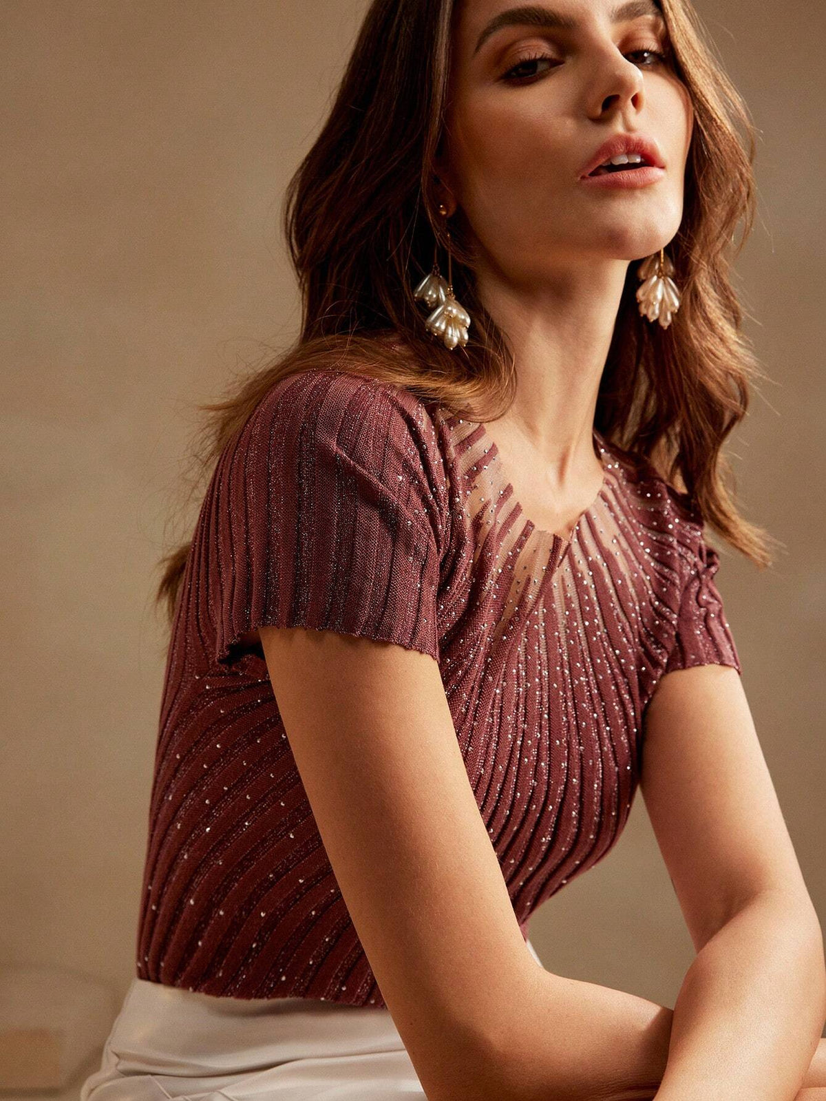 Buy SHEIN Anewsta Women's Elegant Short Sleeve Rhinestone Decor Semi-Sheer Knit Top in Pakistan