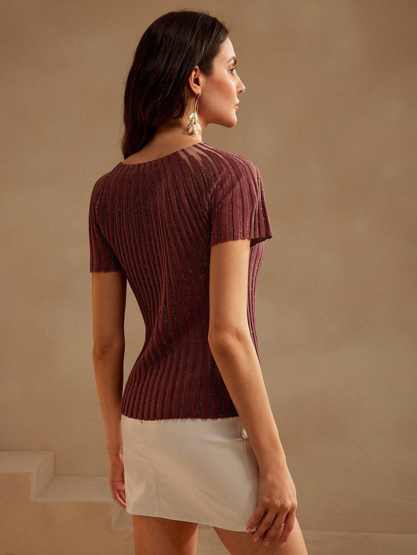 Buy SHEIN Anewsta Women's Elegant Short Sleeve Rhinestone Decor Semi-Sheer Knit Top in Pakistan