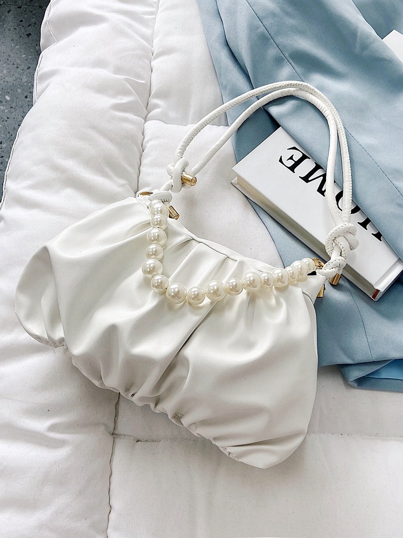Buy SHEIN Argyle Princess Faux Pearl & Rhinestone Pearl Chain & Decor Minimalist Pearls Decor Ruched Bag in Pakistan