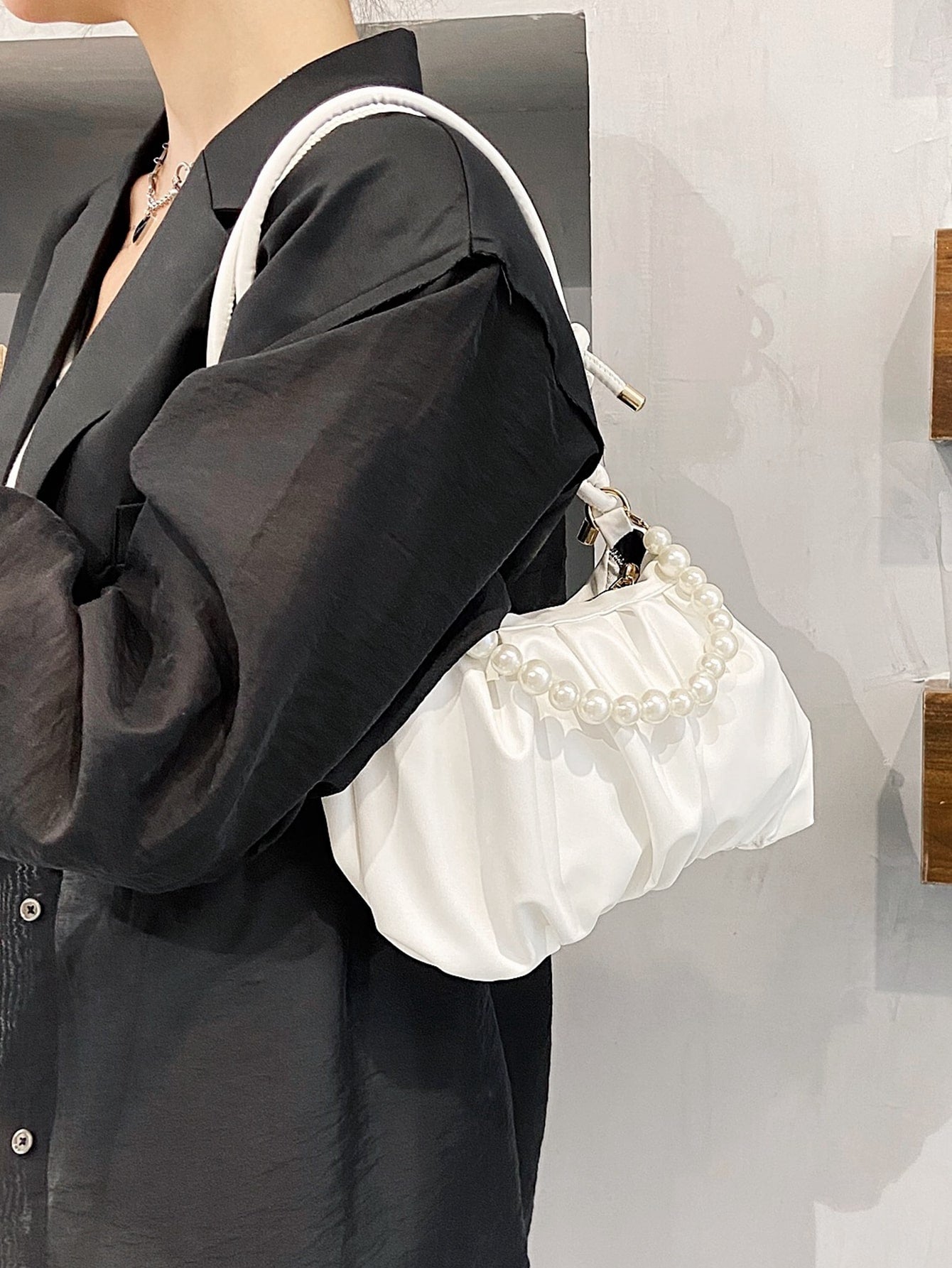 Buy SHEIN Argyle Princess Faux Pearl & Rhinestone Pearl Chain & Decor Minimalist Pearls Decor Ruched Bag in Pakistan