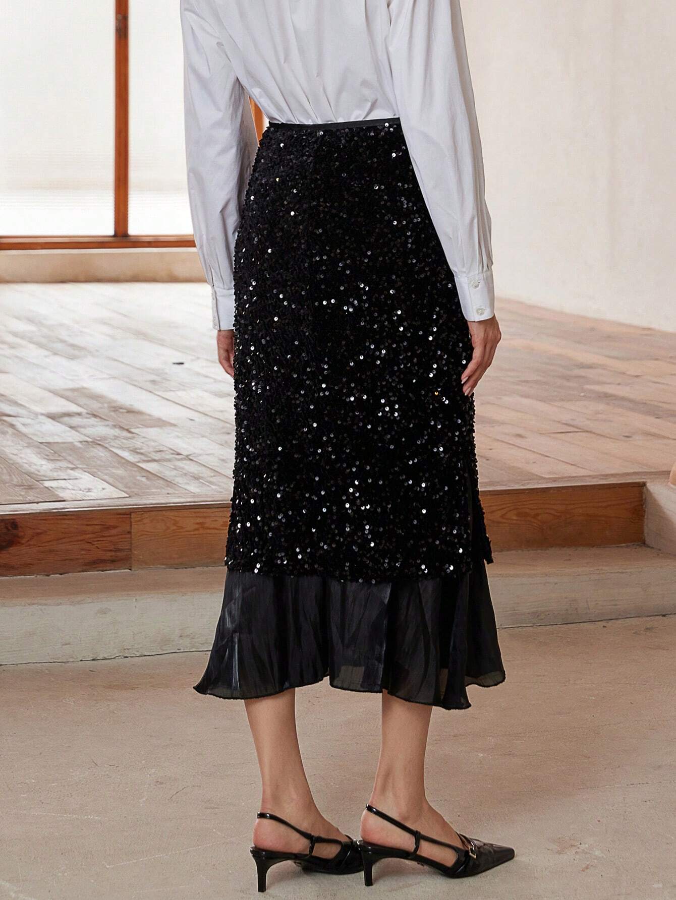 Buy SHEIN Aveloria Modichic Women's Fashion Sequin Patchwork Chiffon A-Line Fishtail Skirt in Pakistan