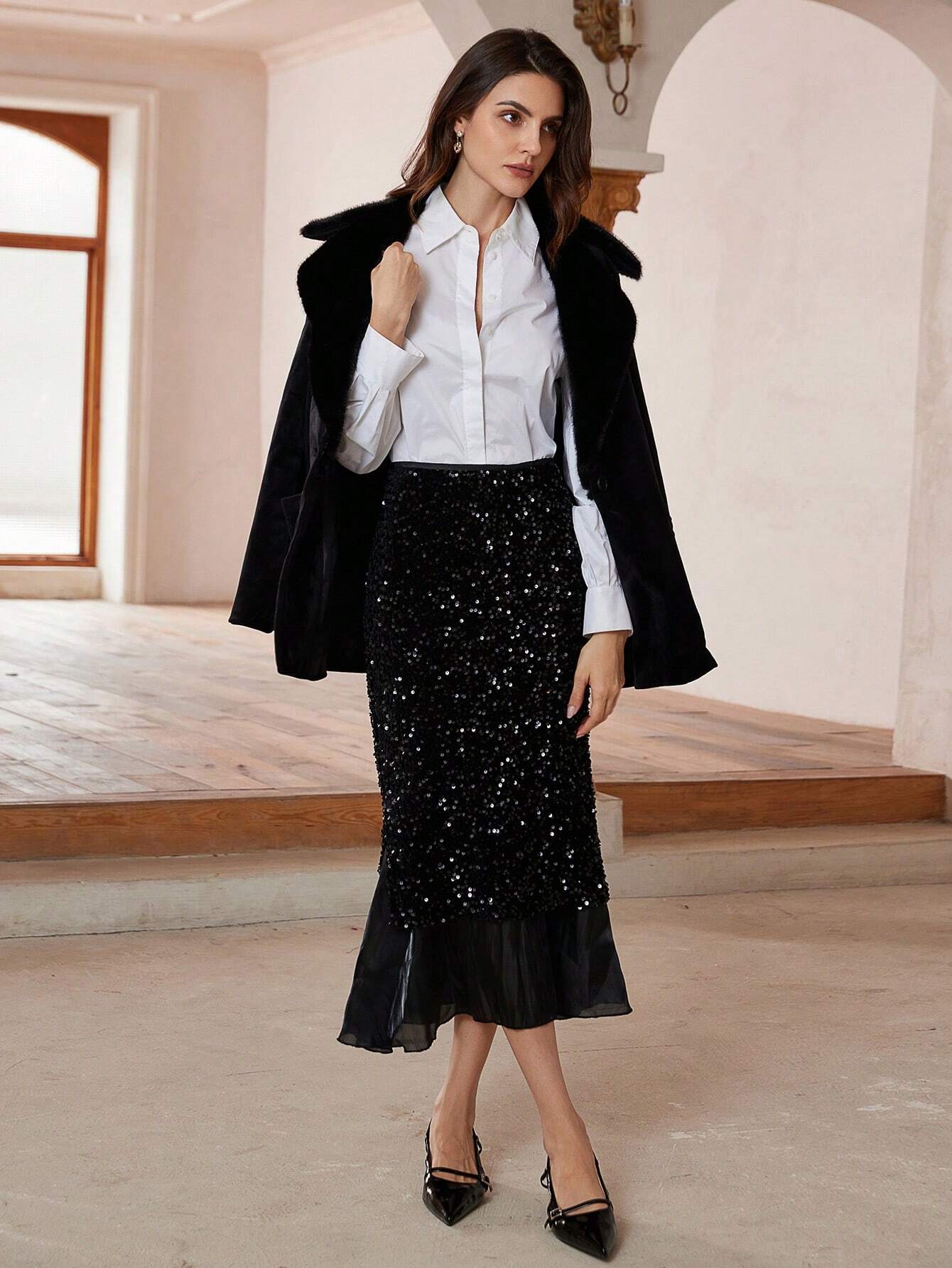 Buy SHEIN Aveloria Modichic Women's Fashion Sequin Patchwork Chiffon A-Line Fishtail Skirt in Pakistan