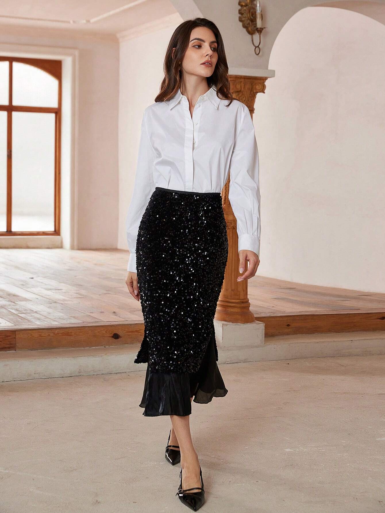 Buy SHEIN Aveloria Modichic Women's Fashion Sequin Patchwork Chiffon A-Line Fishtail Skirt in Pakistan