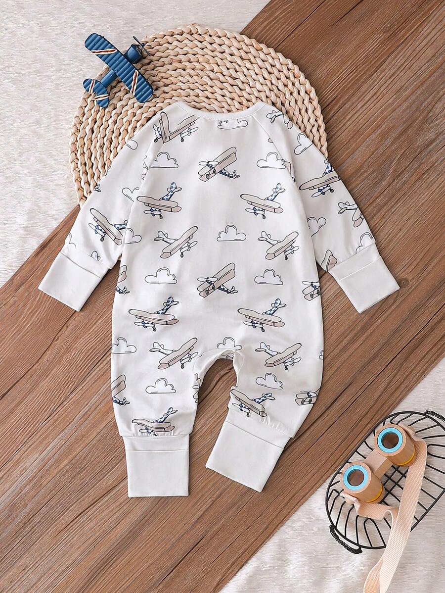 Buy SHEIN Baby Boys' Airplane Pattern Reversible Footie With Fold-Over Sleeves And Feet in Pakistan