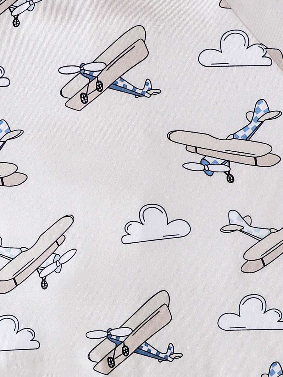 Buy SHEIN Baby Boys' Airplane Pattern Reversible Footie With Fold-Over Sleeves And Feet in Pakistan