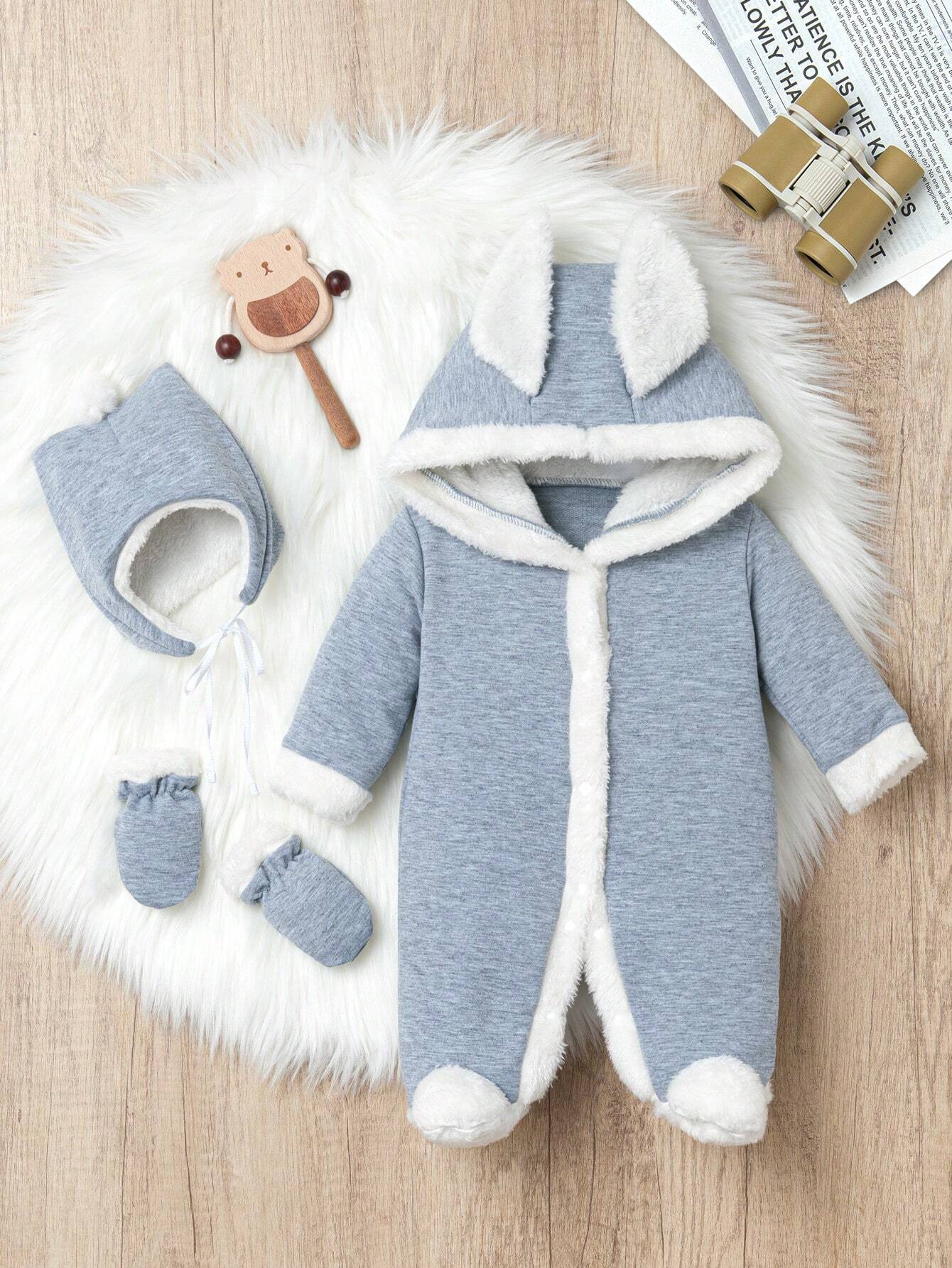 Buy SHEIN Baby Boys' Hooded Long-Eared Jumpsuit With Hat And Gloves Set in Pakistan