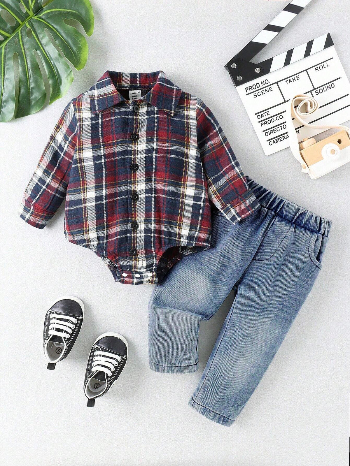 Buy SHEIN Baby Boys' Plaid Shirt With Denim Romper And Jeans Set in Pakistan