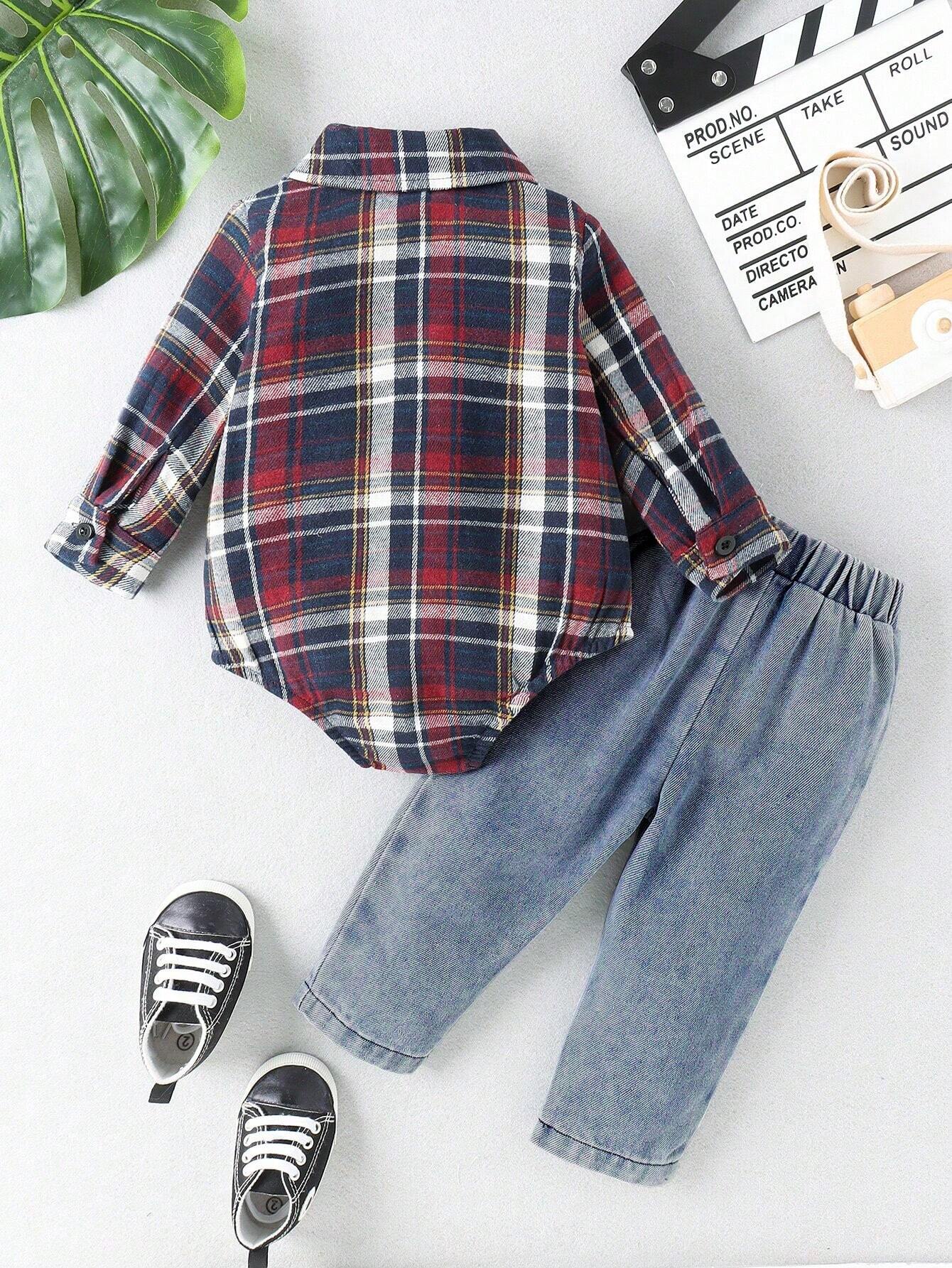 Buy SHEIN Baby Boys' Plaid Shirt With Denim Romper And Jeans Set in Pakistan