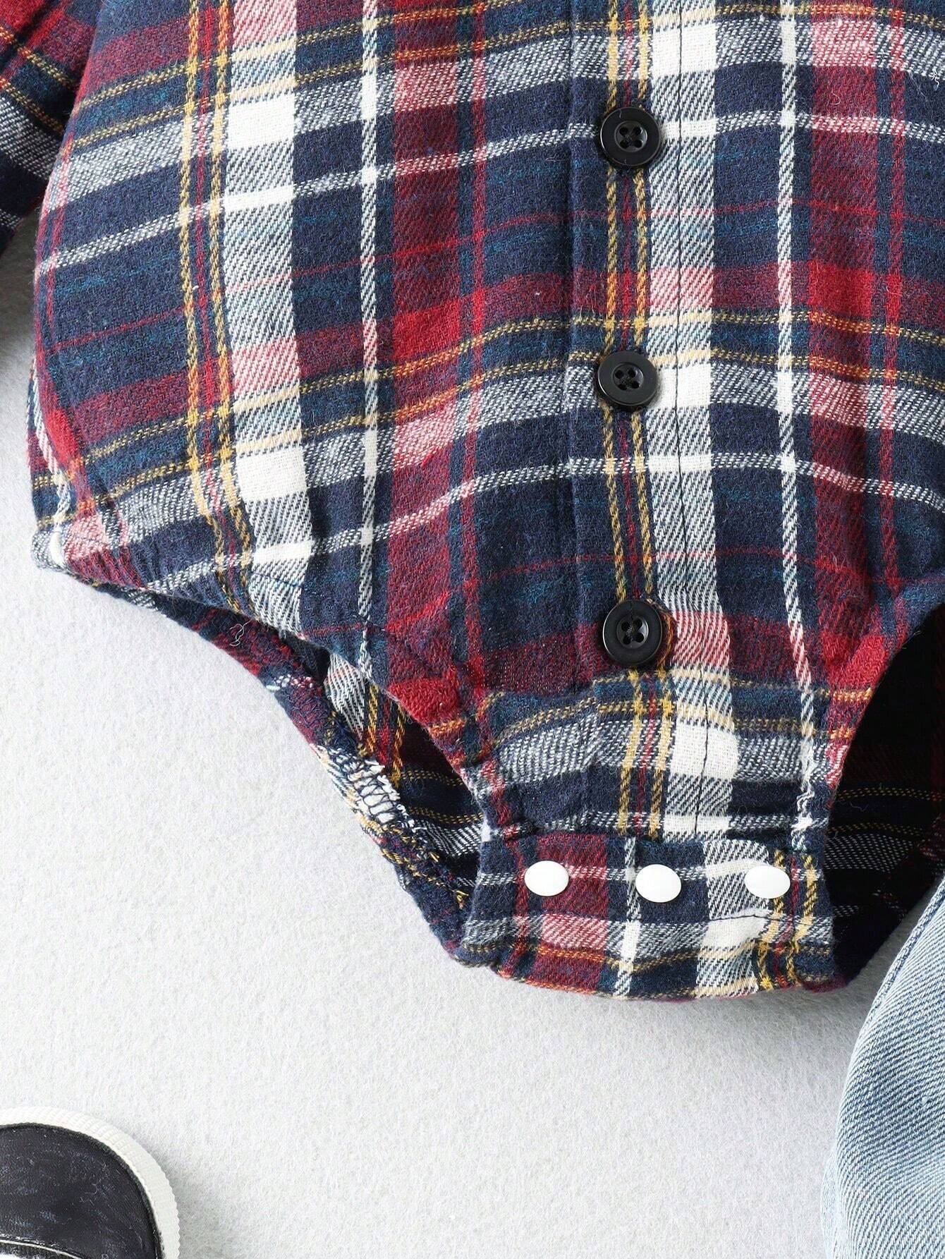 Buy SHEIN Baby Boys' Plaid Shirt With Denim Romper And Jeans Set in Pakistan