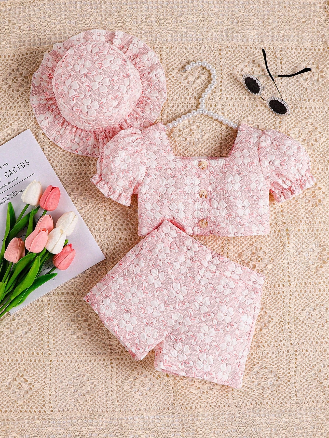 Buy SHEIN Baby Floral Print Puff Sleeve Top & Shorts & Hat in Pakistan